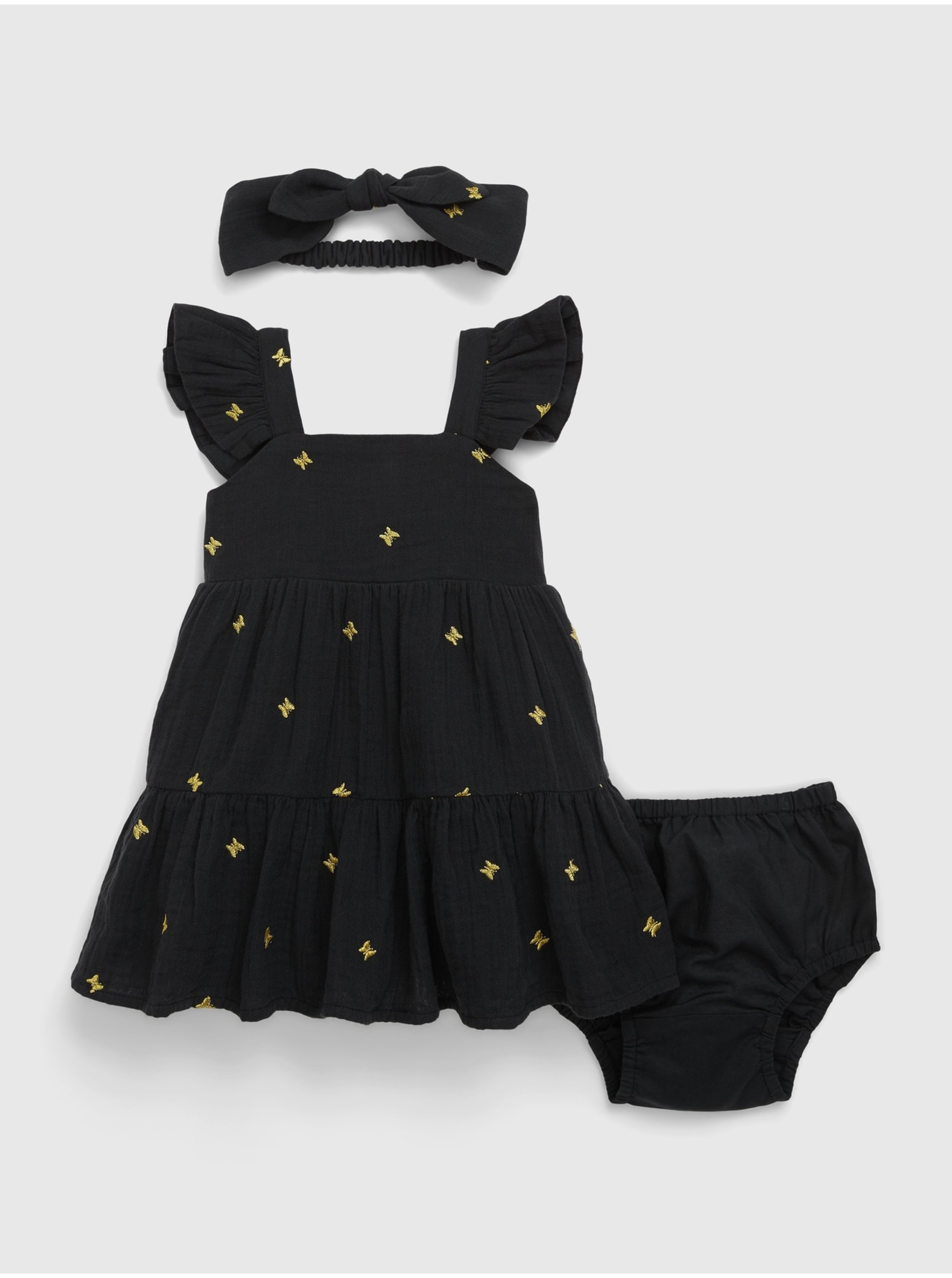 Levně Sada holčičích šatů, kalhotek a čelenky v černé barvě Gap