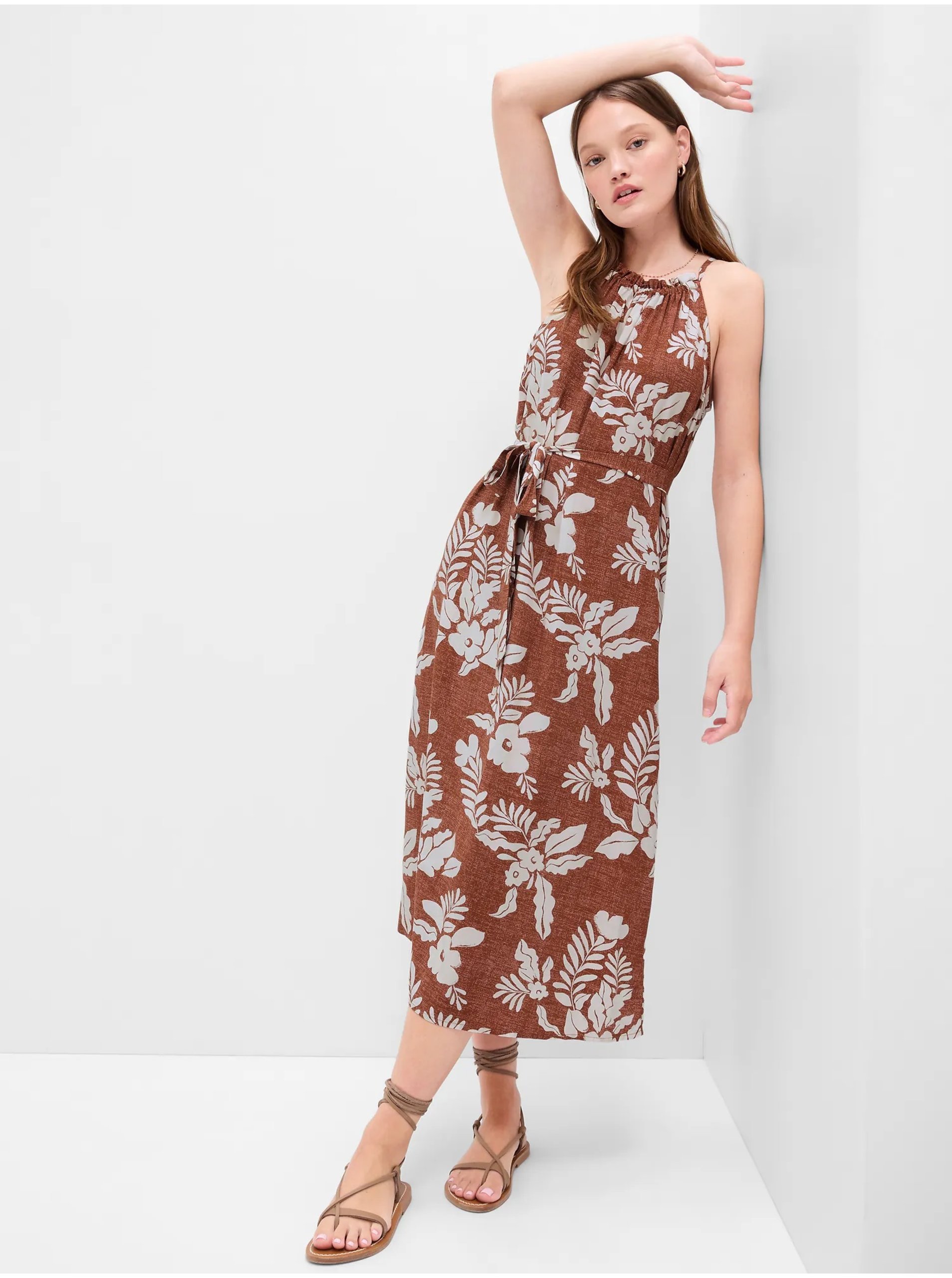 E-shop Hnědé dámské květované midi šaty Gap