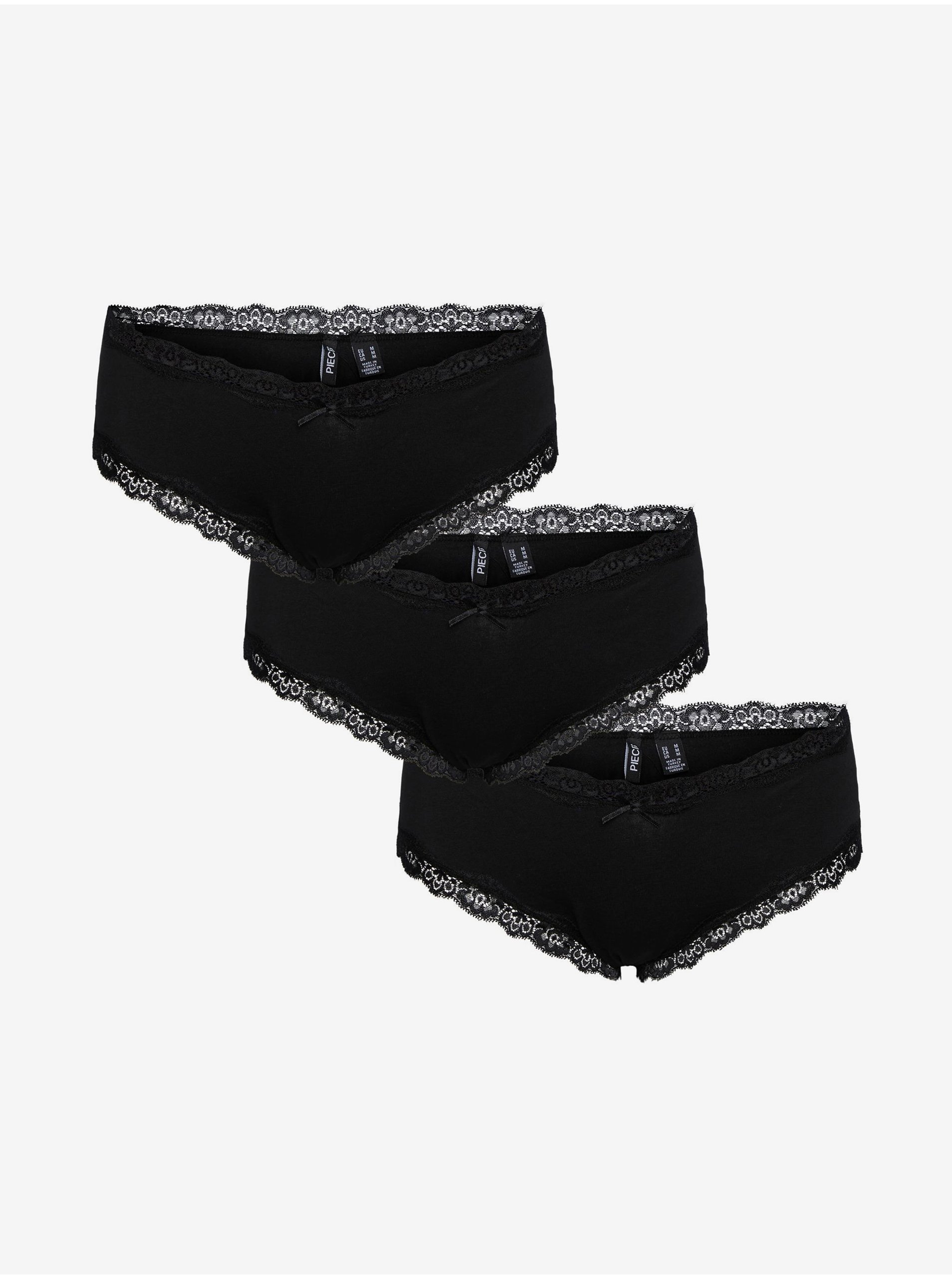 Lacno Súprava troch dámskych nohavičiek v čiernej farbe s čipkou Pieces Nola