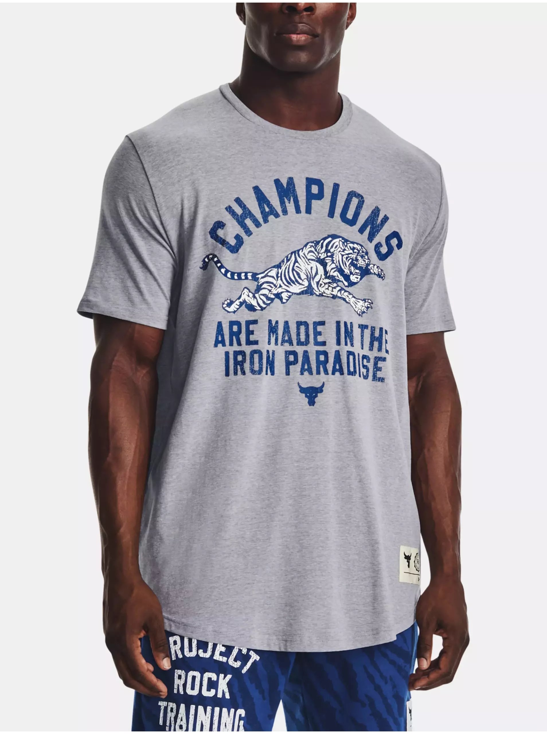 Lacno Svetlosivé pánske melírované športové tričko Under Armour UA PJT Rock Champ