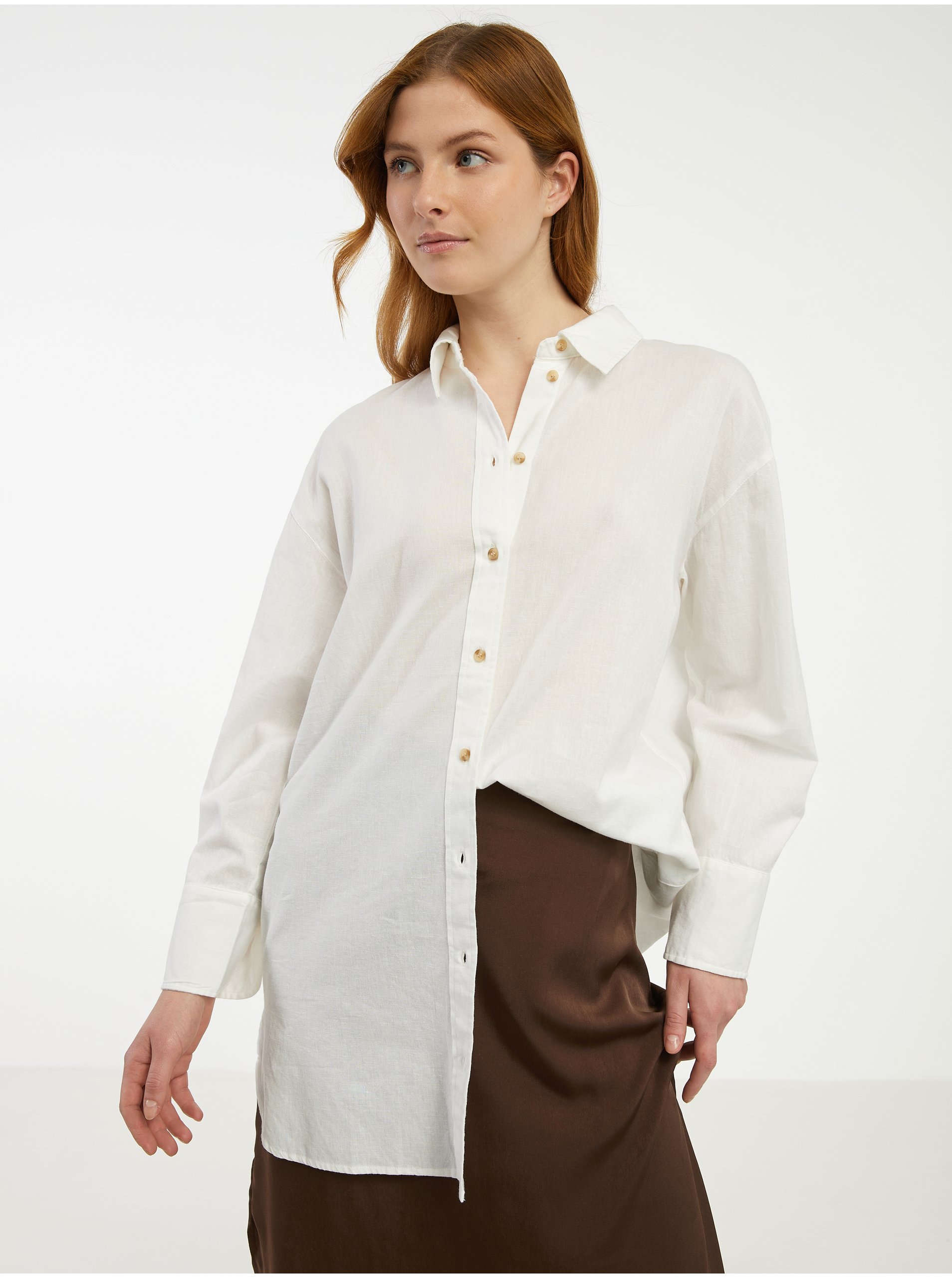 E-shop Krémová dámská dlouhá košile s příměsí lnu Fransa