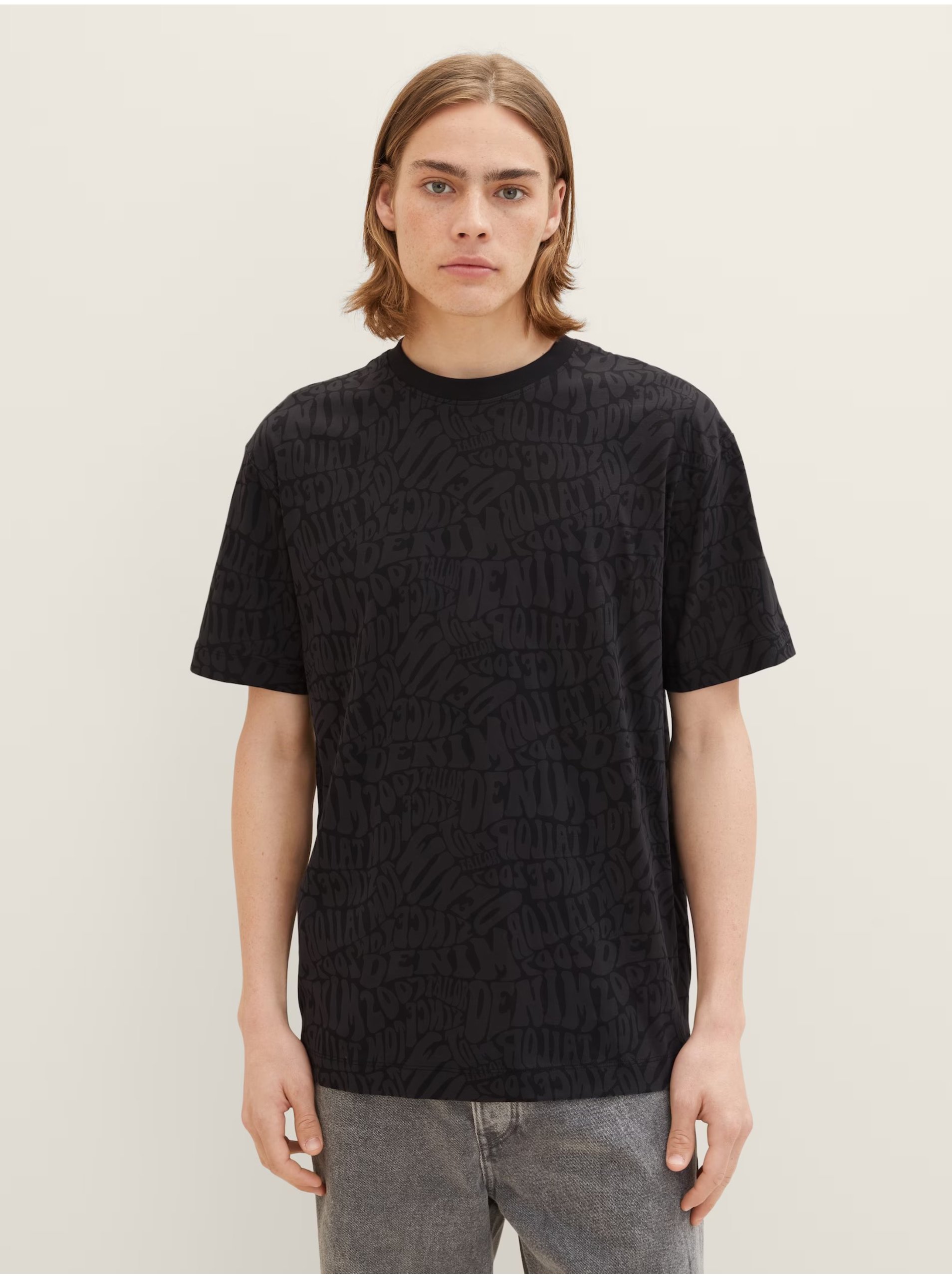 Lacno Čierne pánske vzorované tričko Tom Tailor Denim