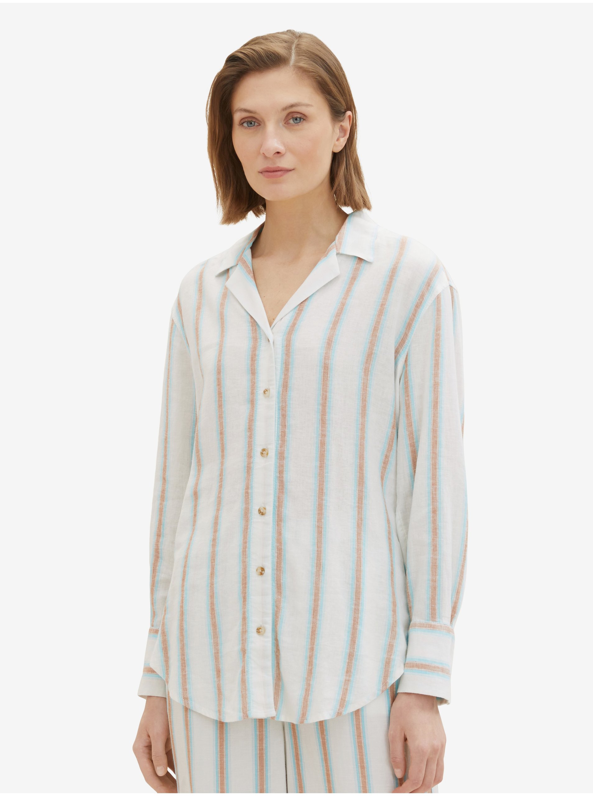 E-shop Hnědo-bílá dámská pruhovaná košile s příměsí lnu Tom Tailor