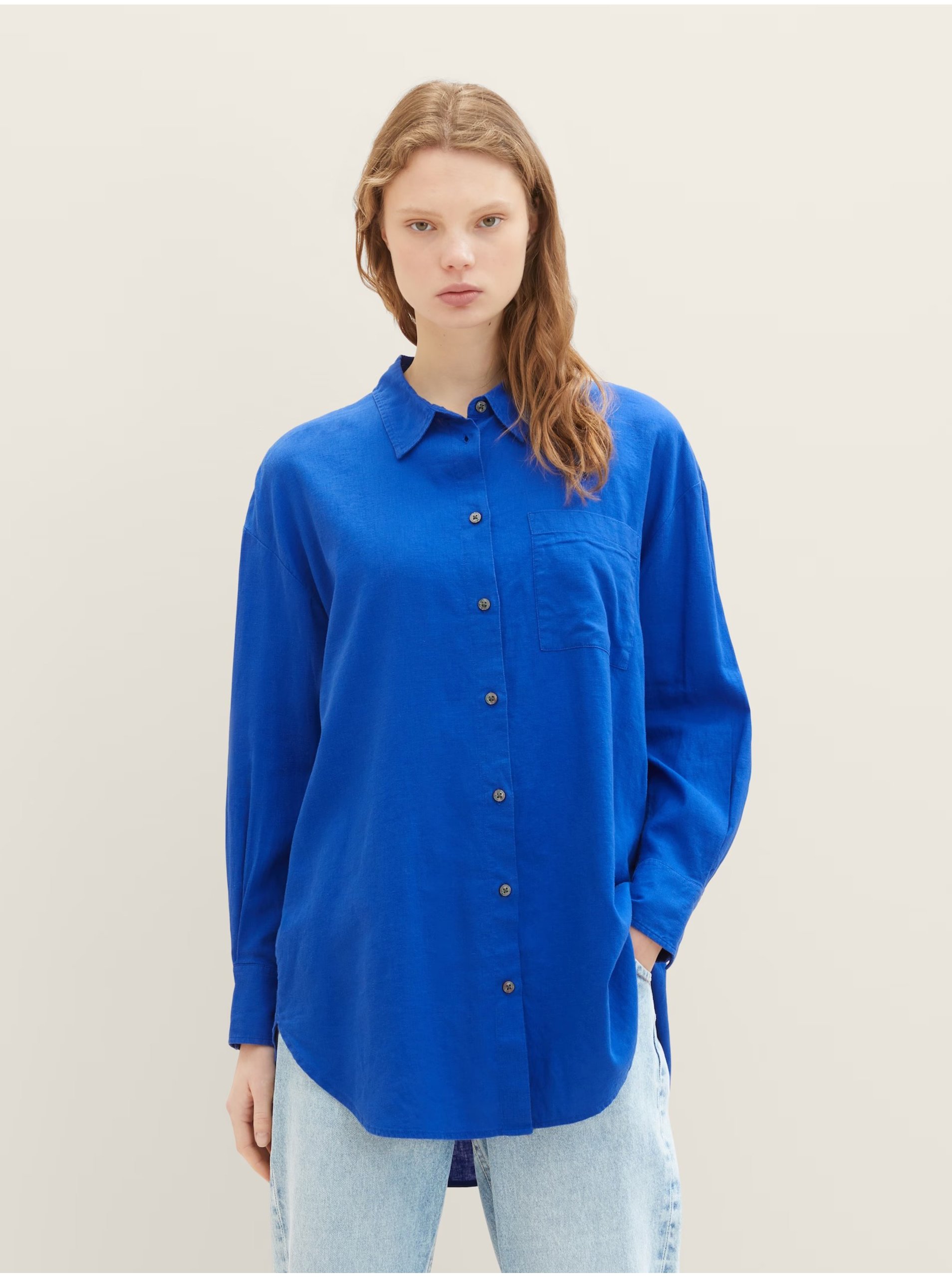 Lacno Modrá dámska ľanová košeľa Tom Tailor Denim