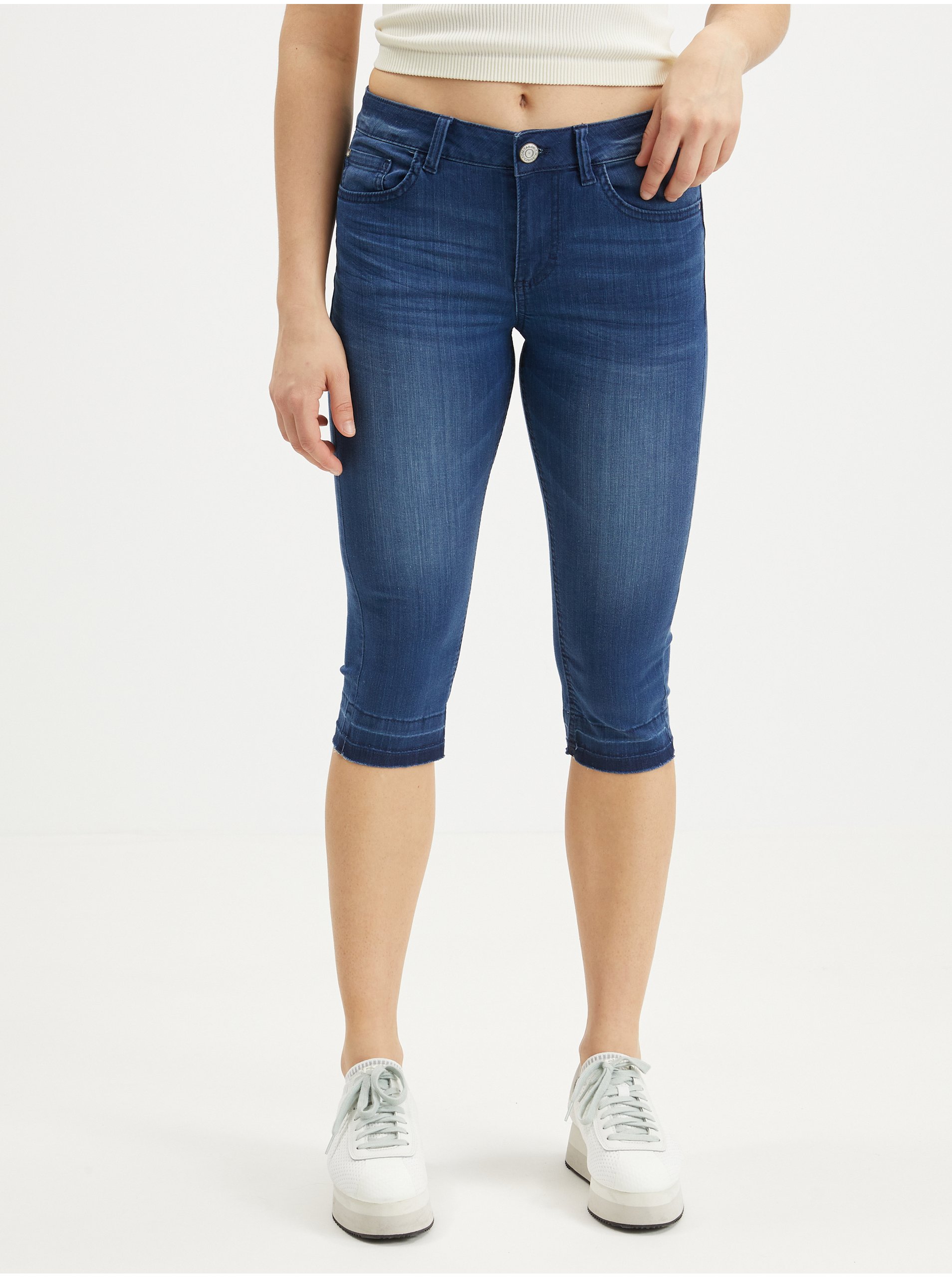 E-shop Modré dámské tříčtvrteční slim fit kalhoty Tom Tailor