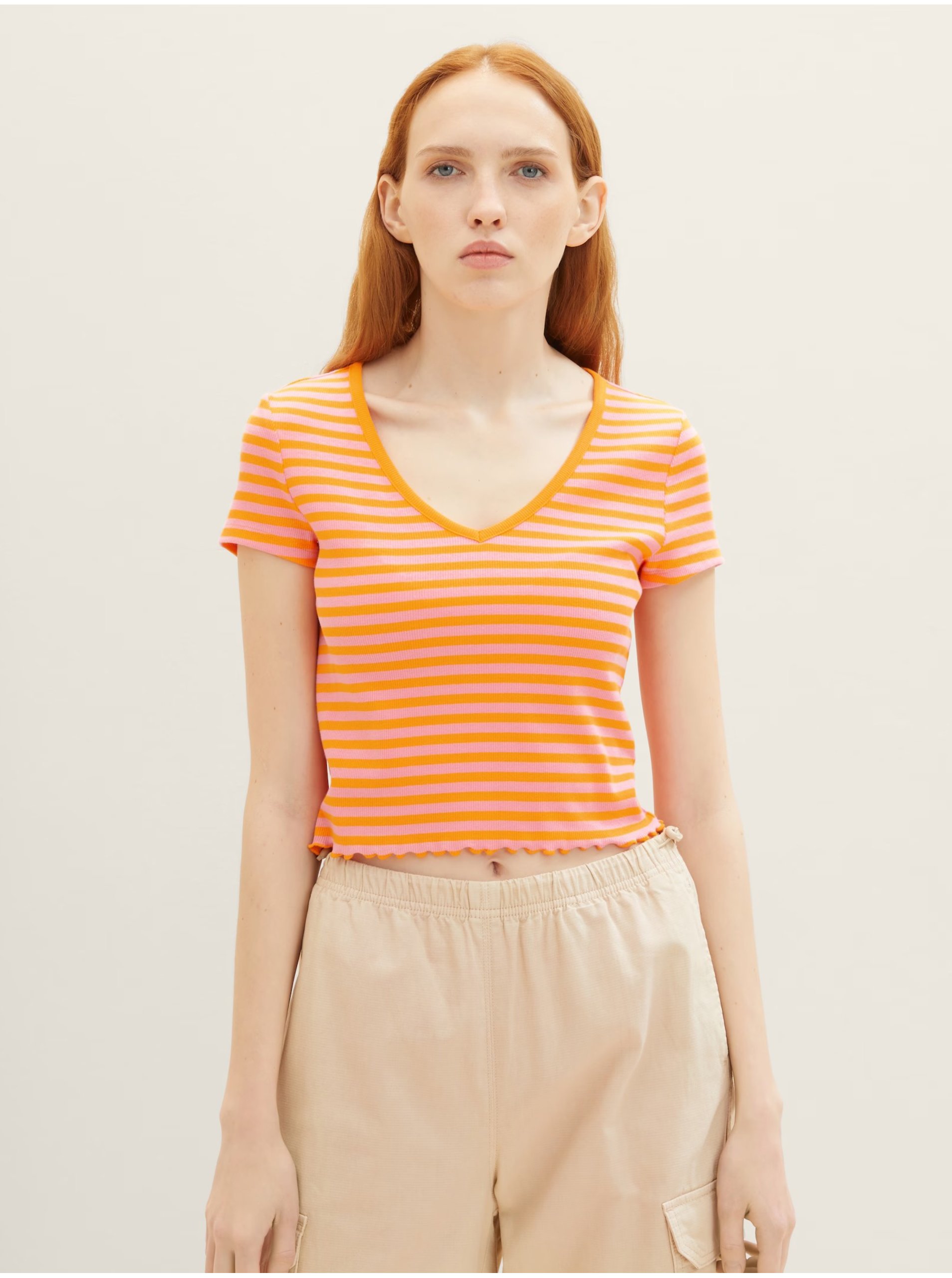 Lacno Ružovo-oranžové dámske pruhované tričko Tom Tailor Denim