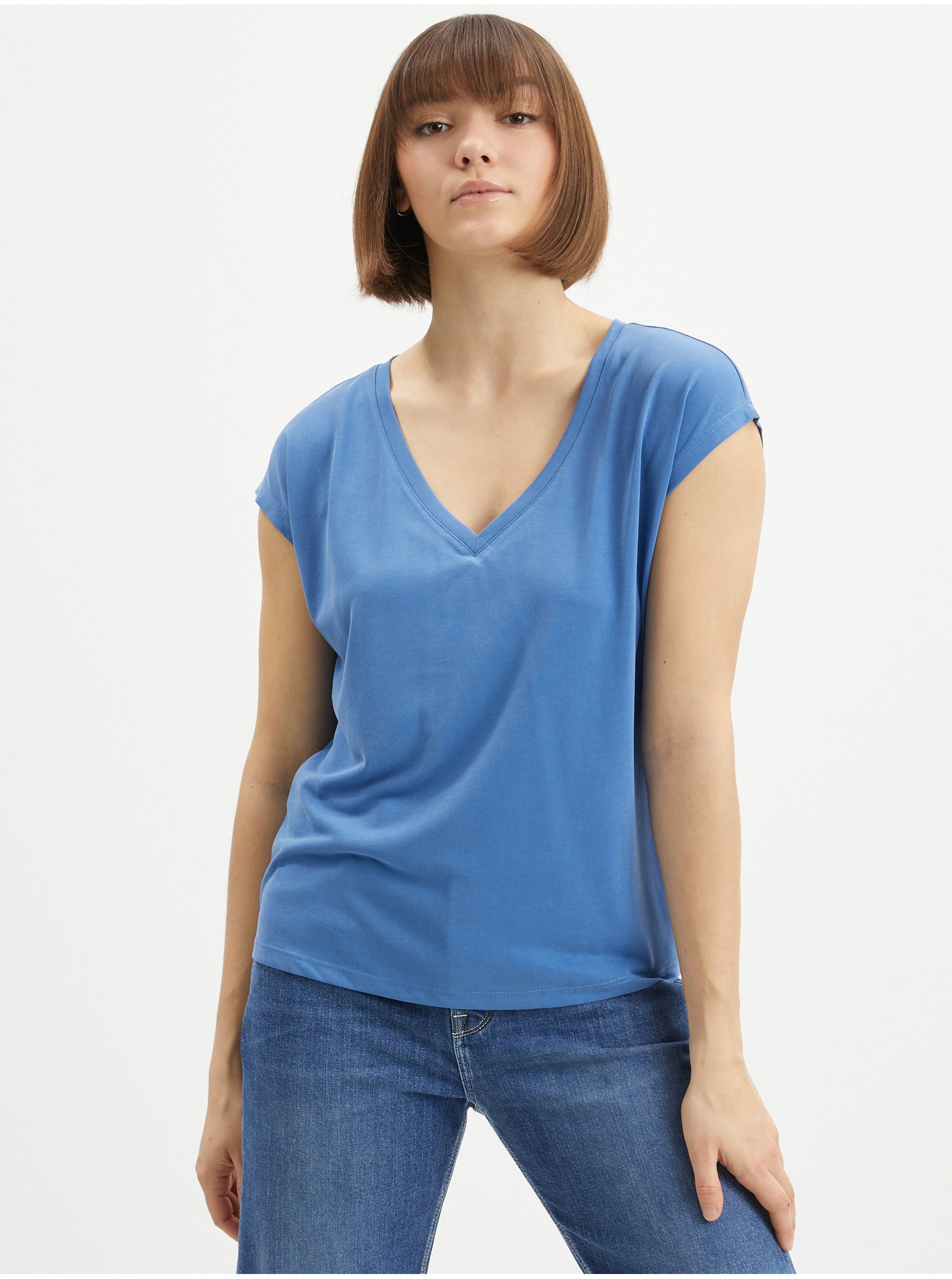 Levně Modré dámské basic tričko VILA Modala