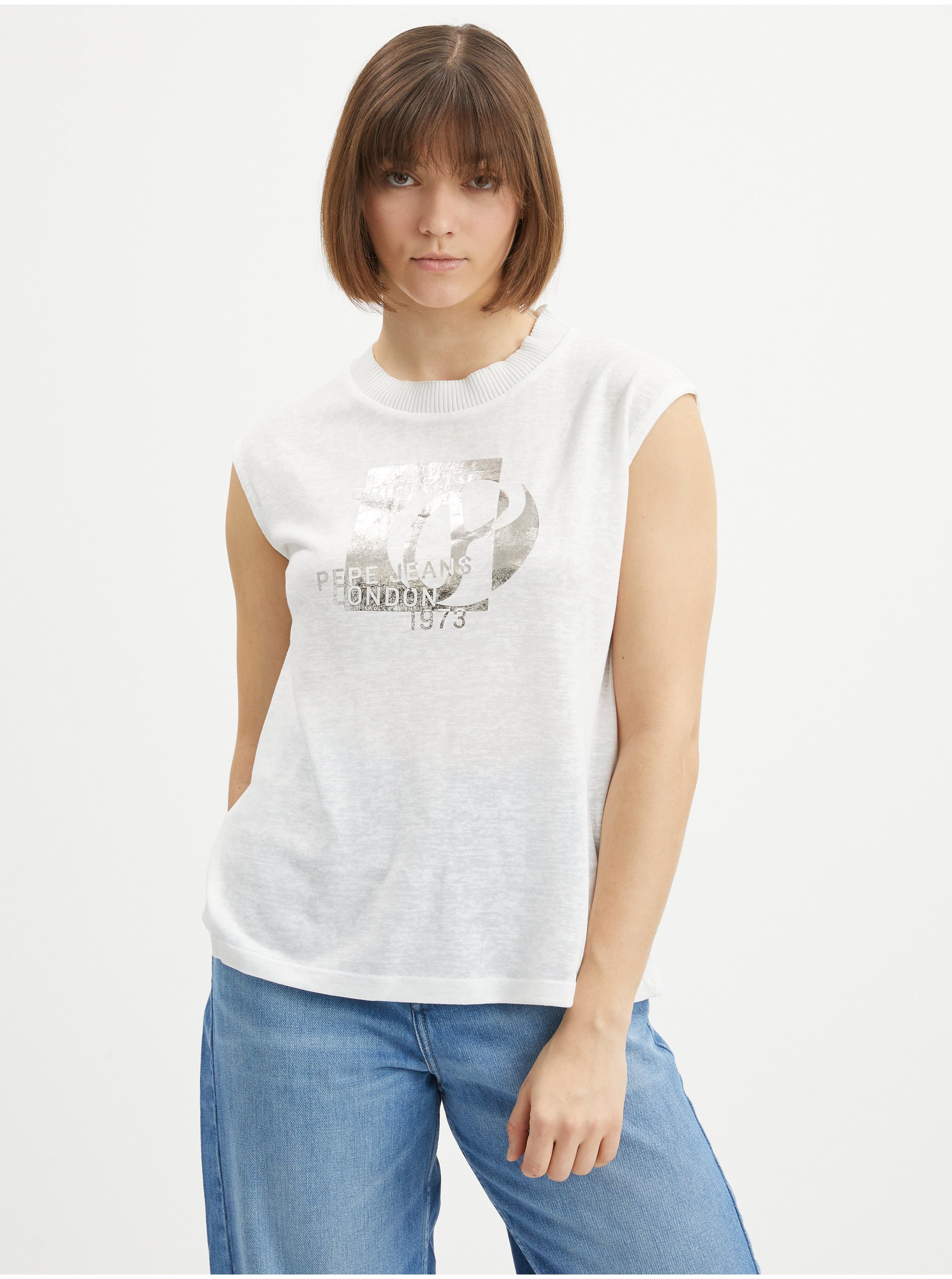 Levně Bílé dámské tričko s potiskem Pepe Jeans Avis
