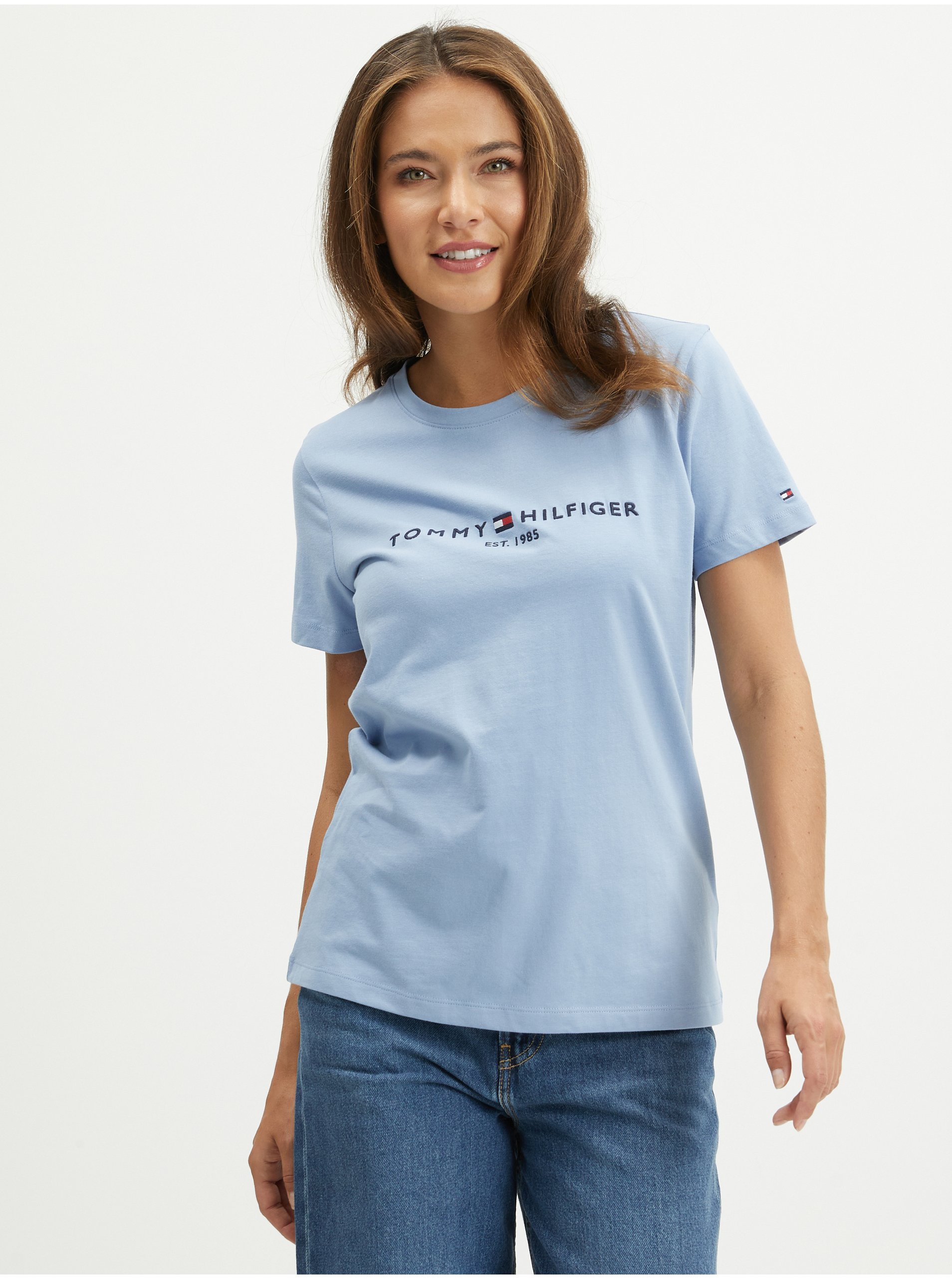 Levně Modré dámské tričko Tommy Hilfiger