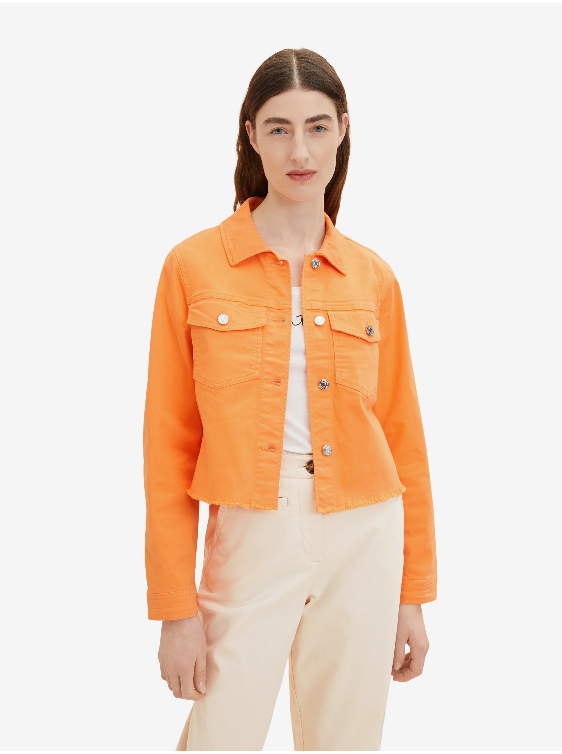 Lacno Oranžová dámska džínsová bunda Tom Tailor