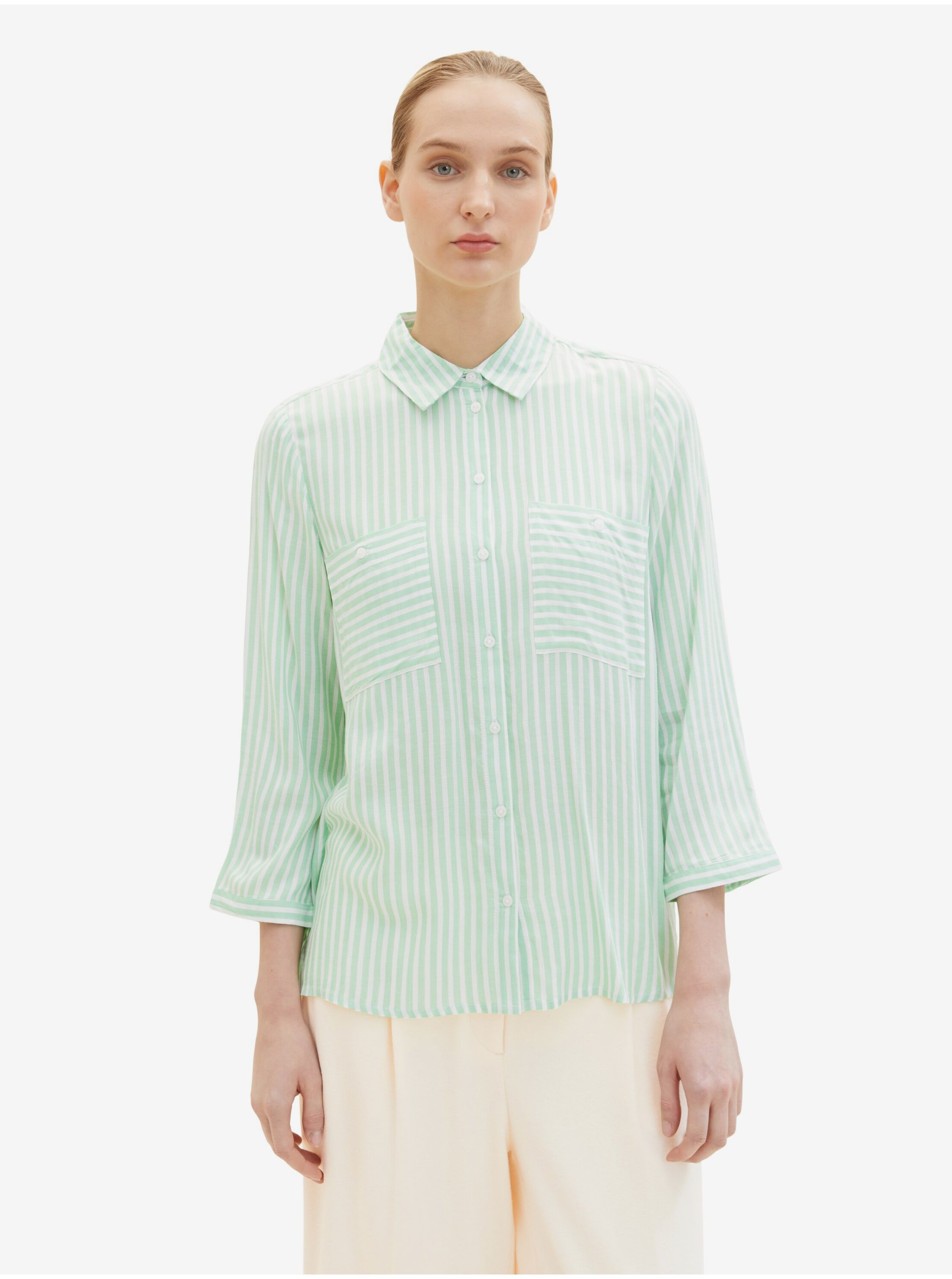 Lacno Bielo-zelená dámska pruhovaná košeľa Tom Tailor