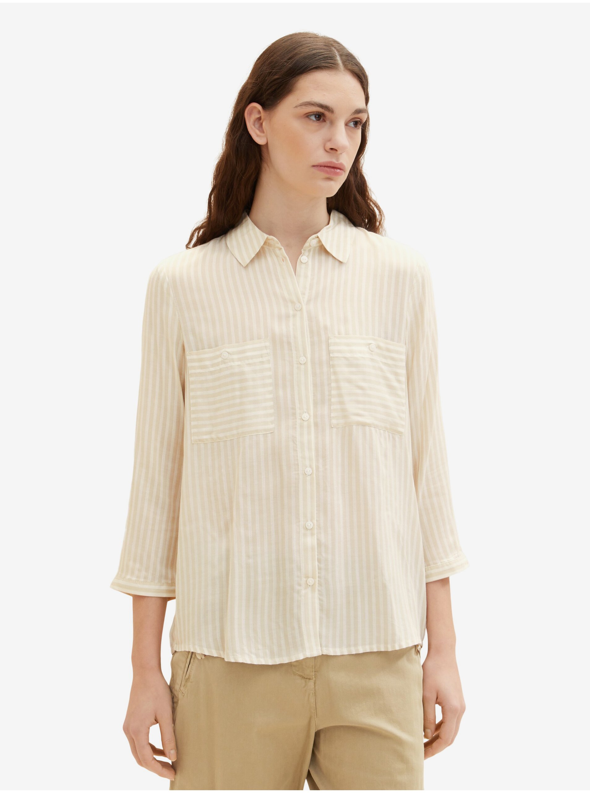 E-shop Béžová dámska pruhovaná košeľa Tom Tailor