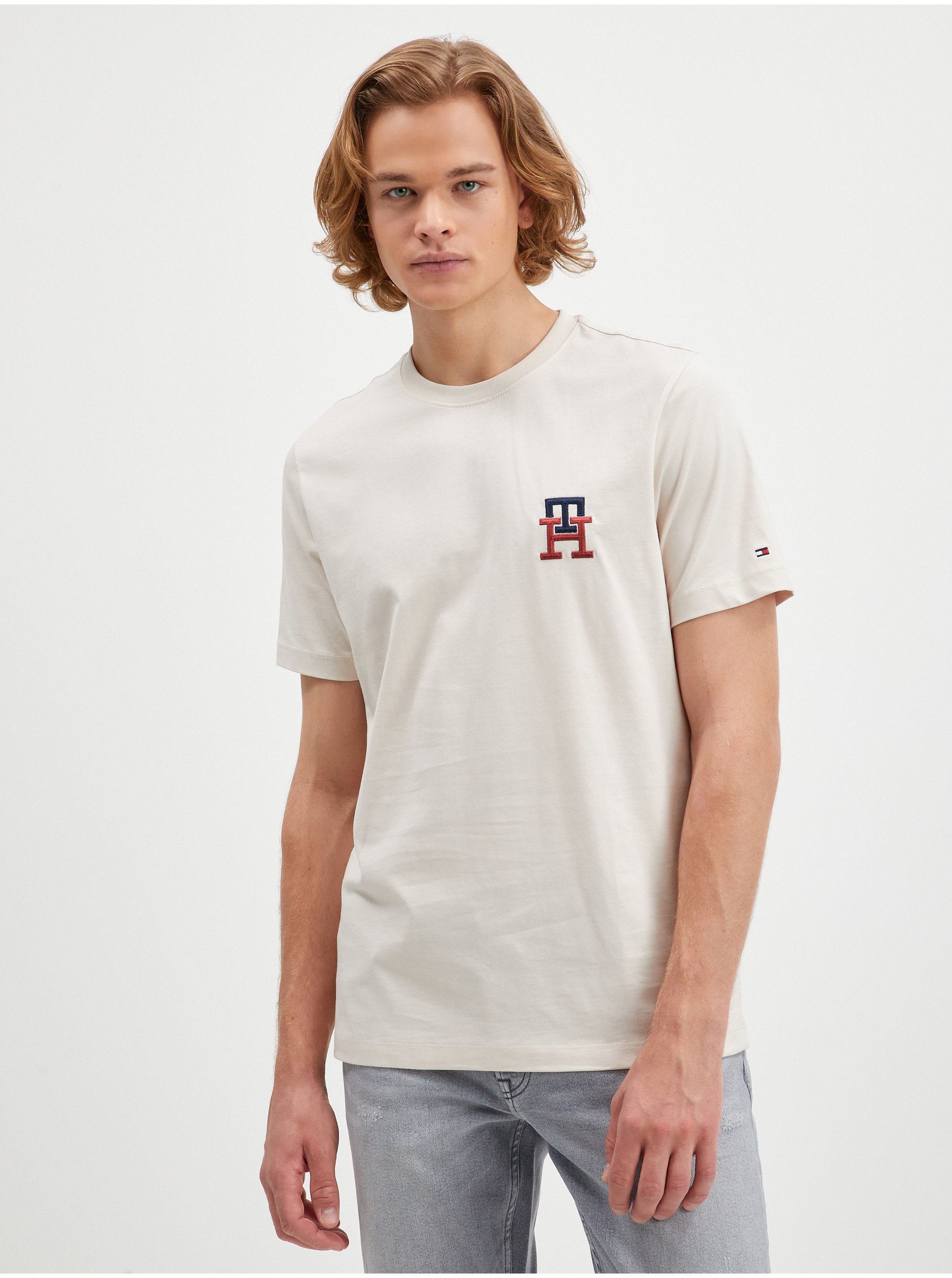 Levně Béžové pánské tričko Tommy Hilfiger
