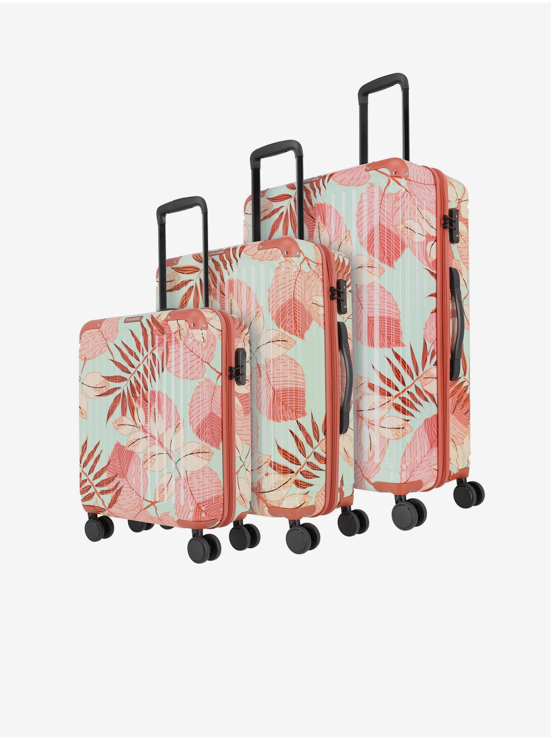 Levně Sada tří vzorovaných cestovních kufrů v růžové a tyrkysové barvě Travelite Cruise 4w S,M,L