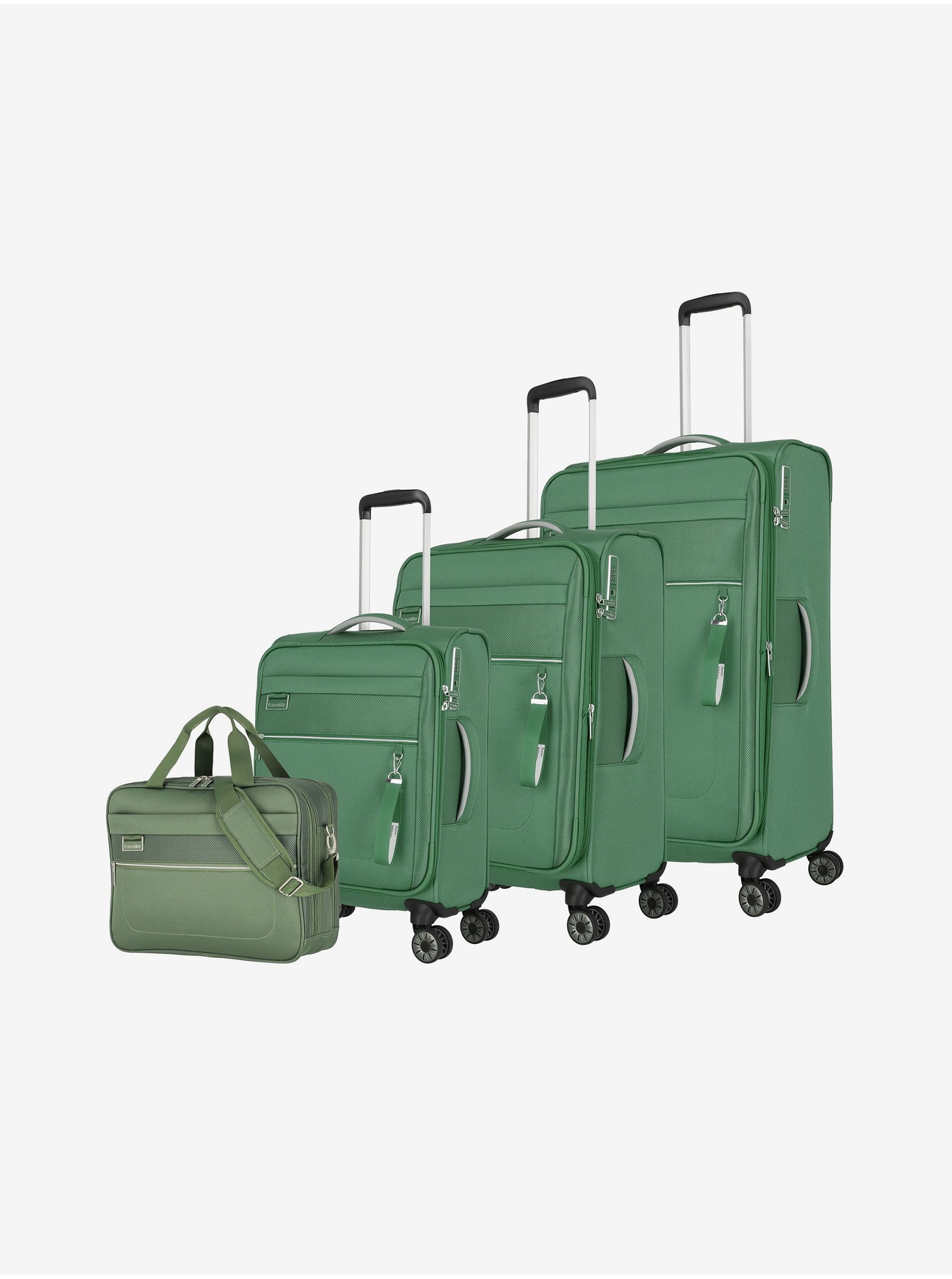 Levně Sada tří cestovních kufrů a palubní tašky v zelené barvě Travelite Miigo 4w S,M,L