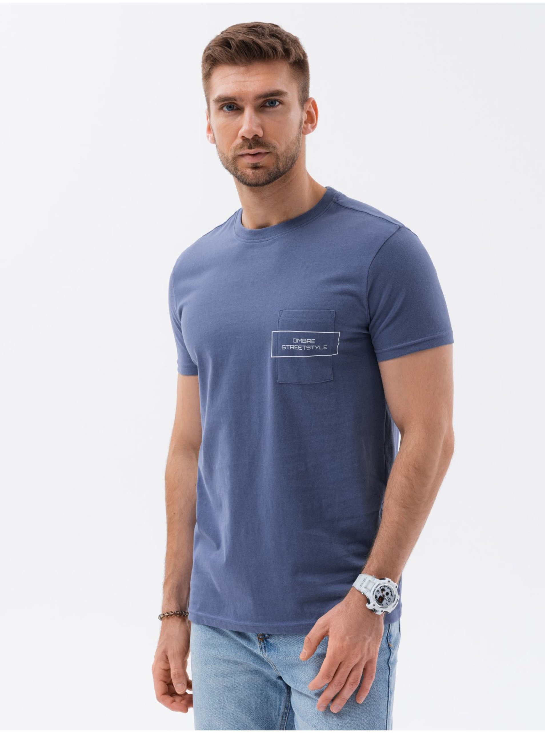 Levně Modré pánské tričko Ombre Clothing