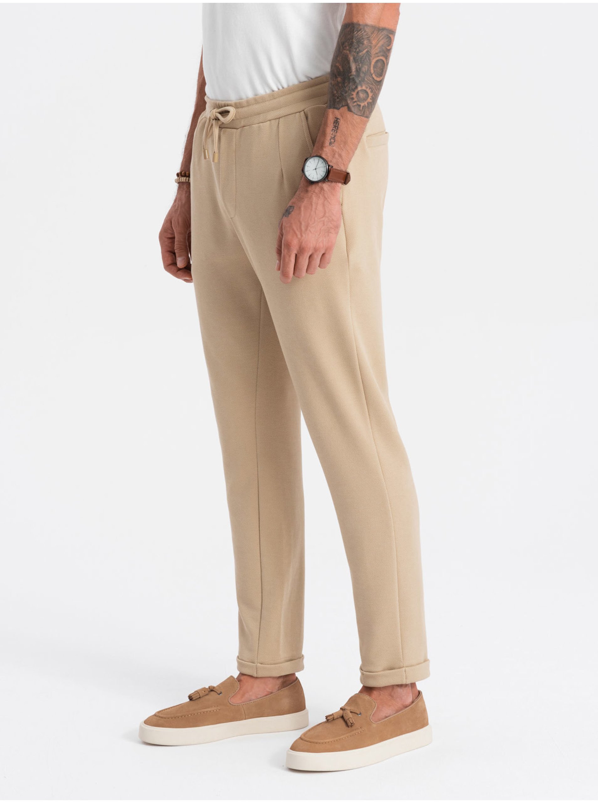 Levně Béžové pánské kalhoty Ombre Clothing