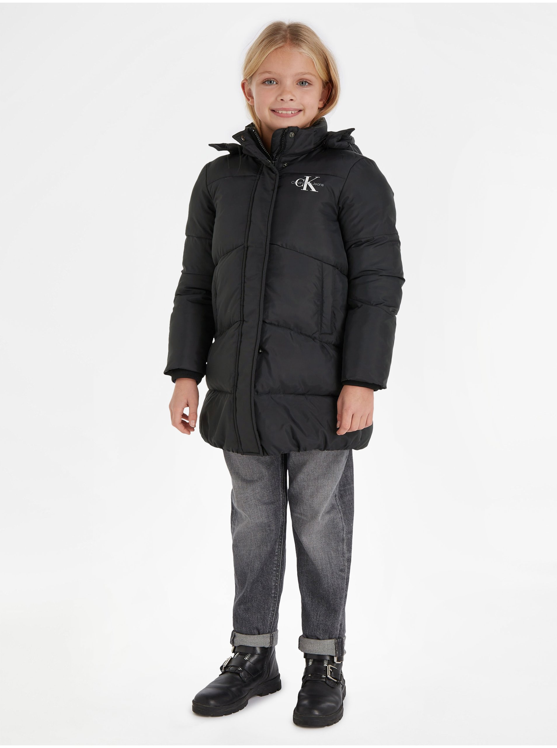 E-shop Černý holčičí prošívaný kabát Calvin Klein Jeans