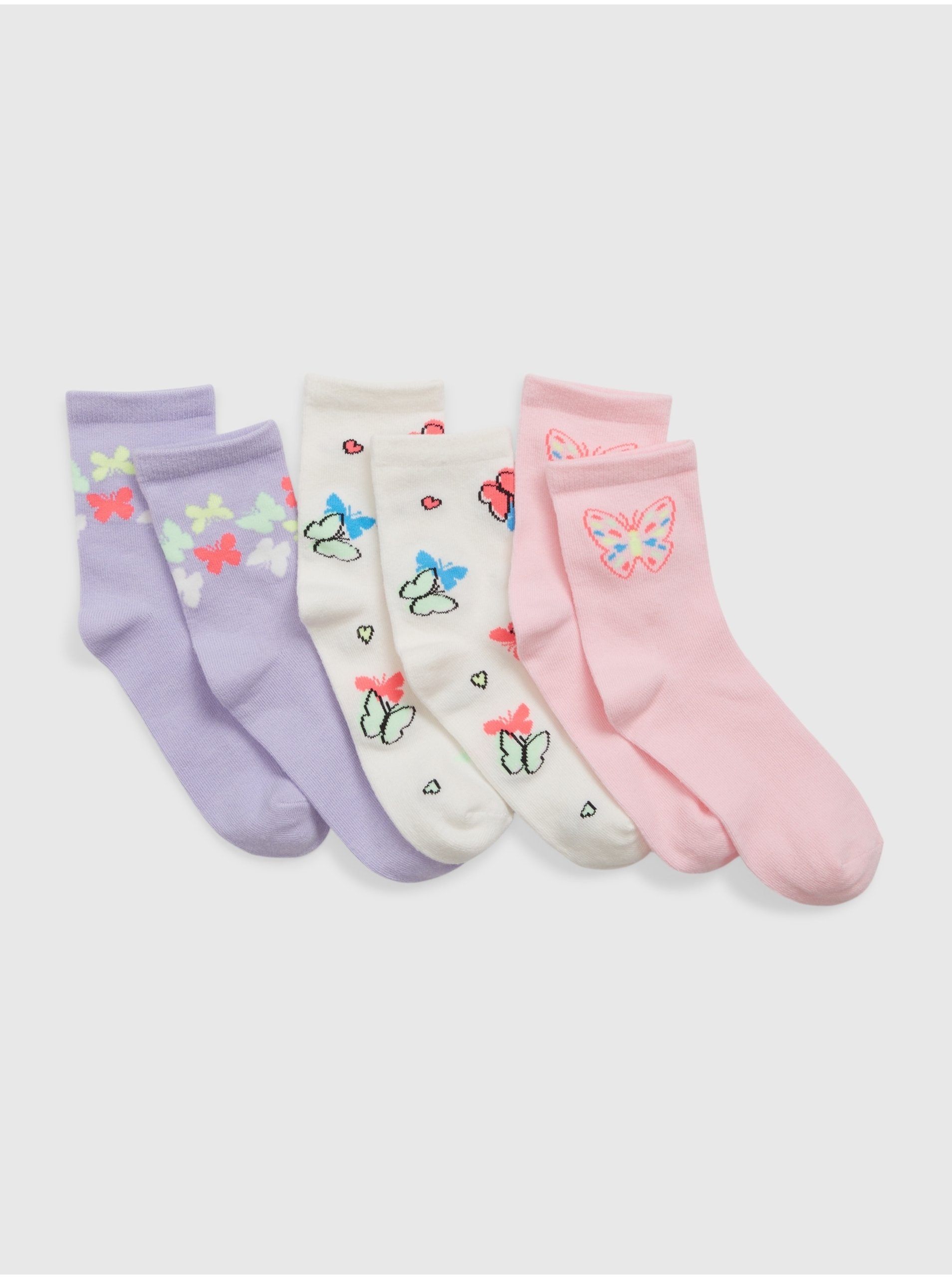 Levně Sada tří párů holčičích vzorovaných ponožek ve světle fialové, krémové a růžové barvě GAP