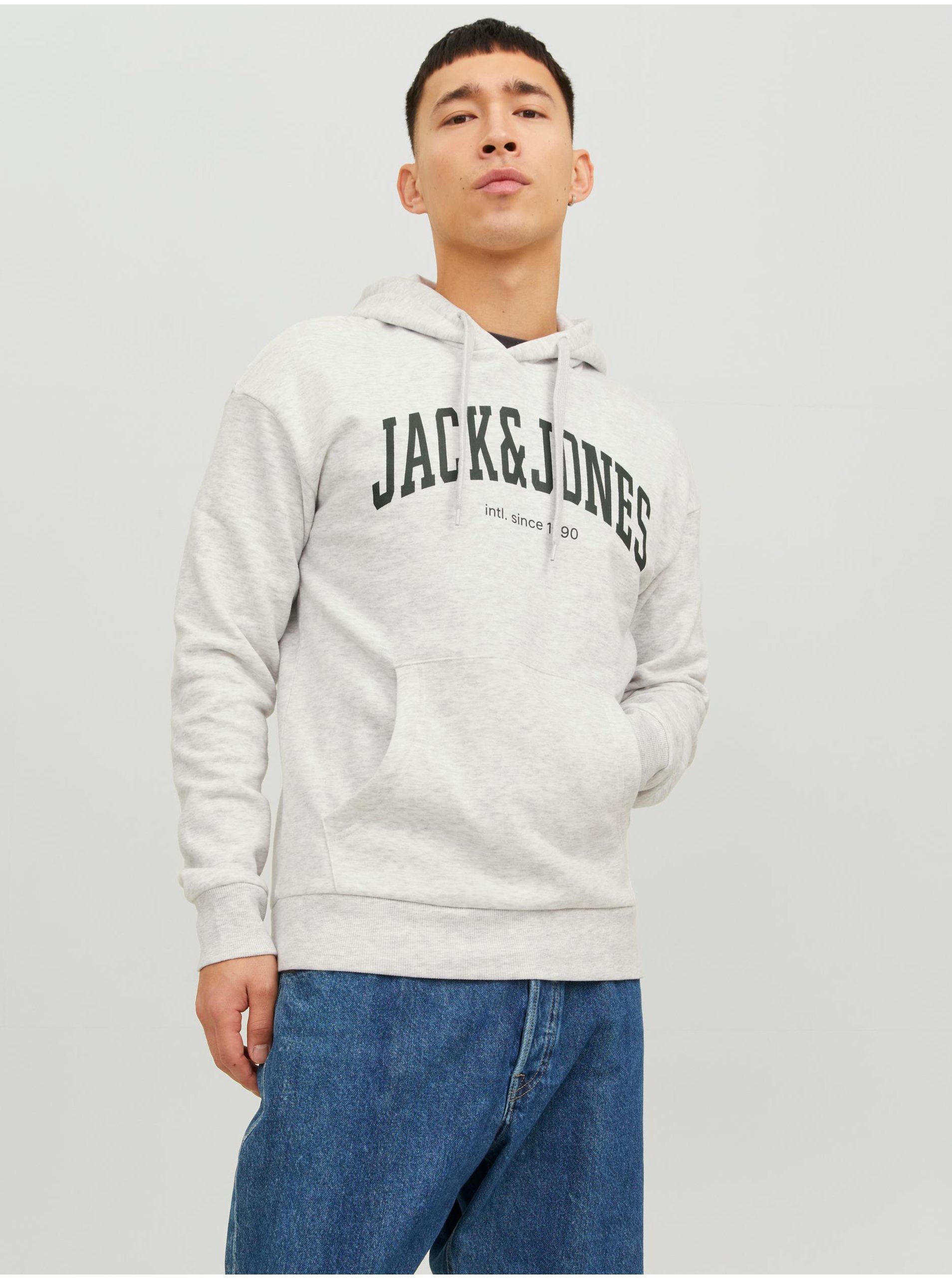 Levně Světle šedá pánská žíhaná mikina s kapucí Jack & Jones Josh