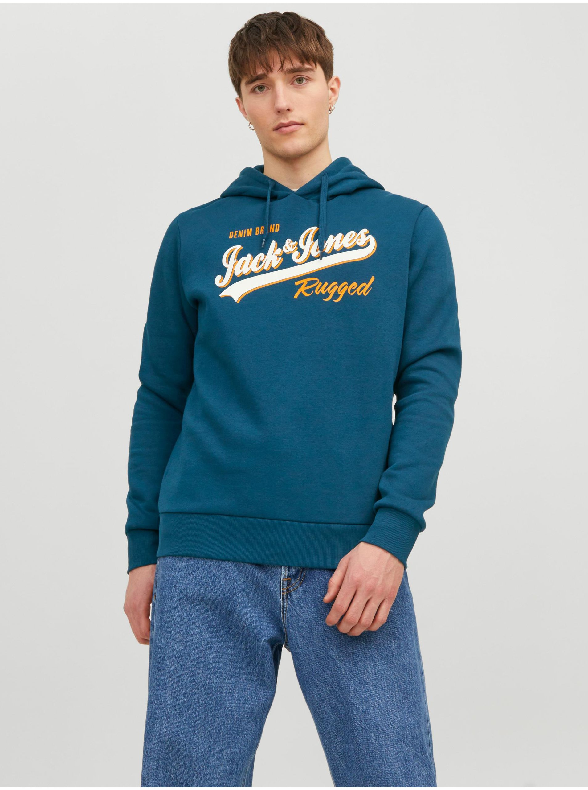 Lacno Modrá pánska mikina s kapucňou Jack & Jones Logo