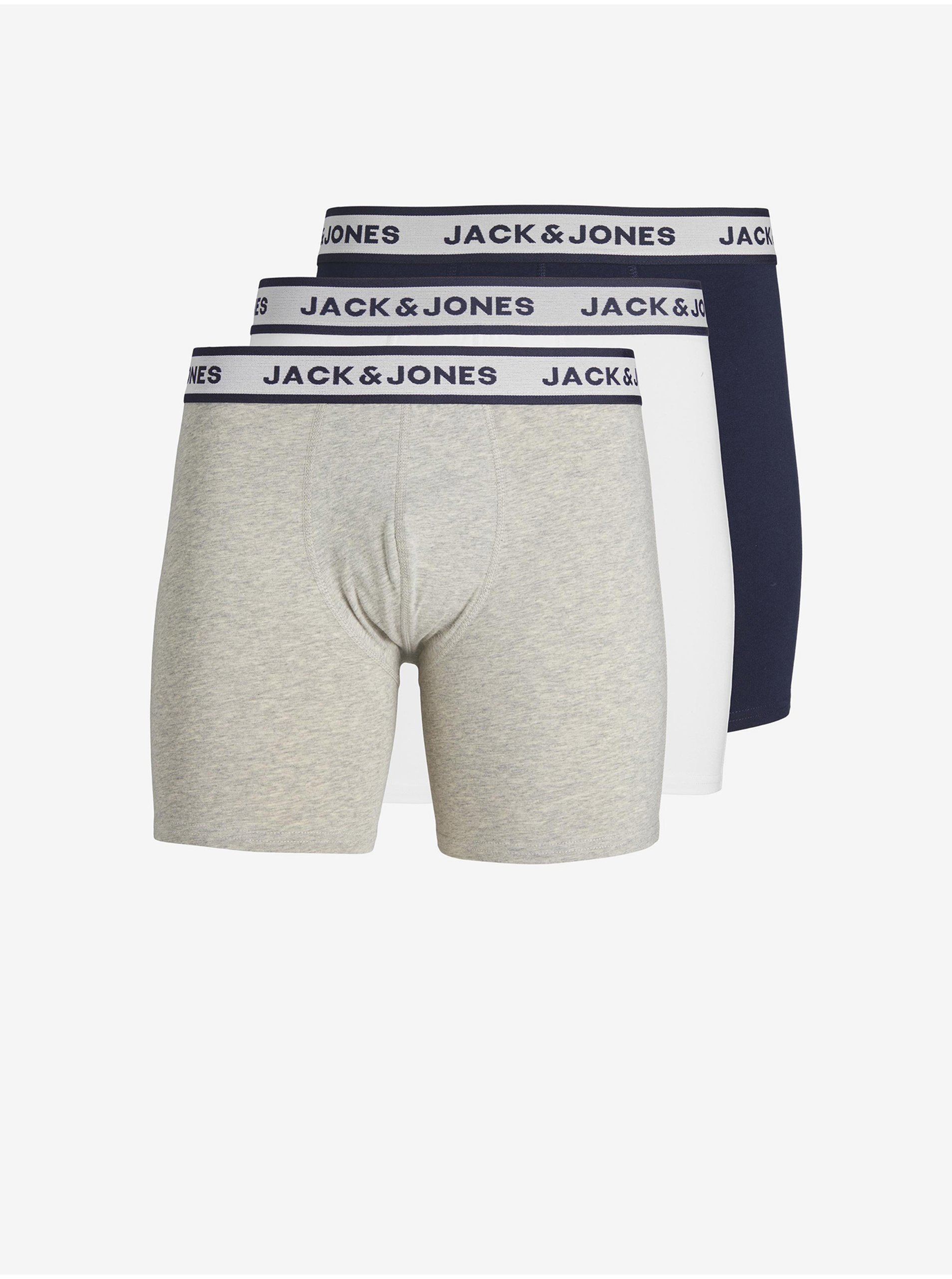 E-shop Súprava troch pánskych boxeriek vo svetlo šedej, bielej a tmavo modrej farbe Jack & Jones Solid