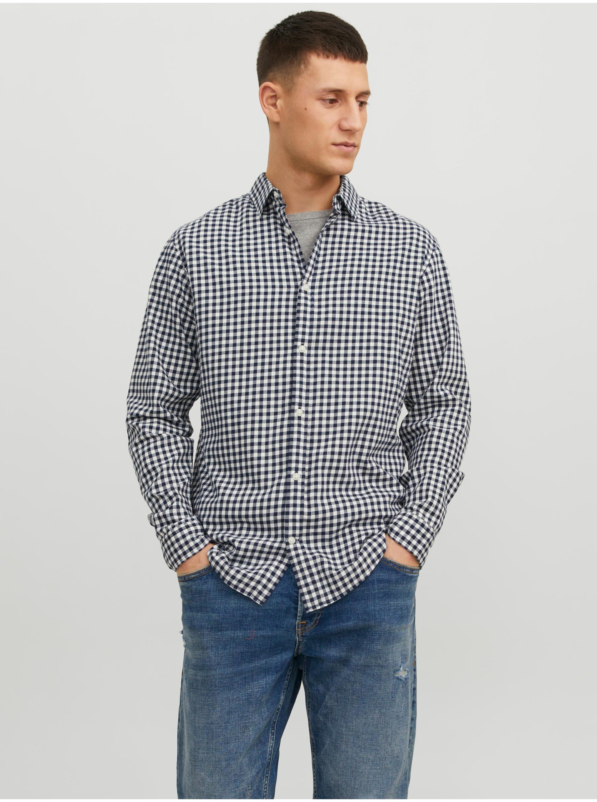 Lacno Bielo-modrá pánska kockovaná košeľa Jack & Jones Gingham