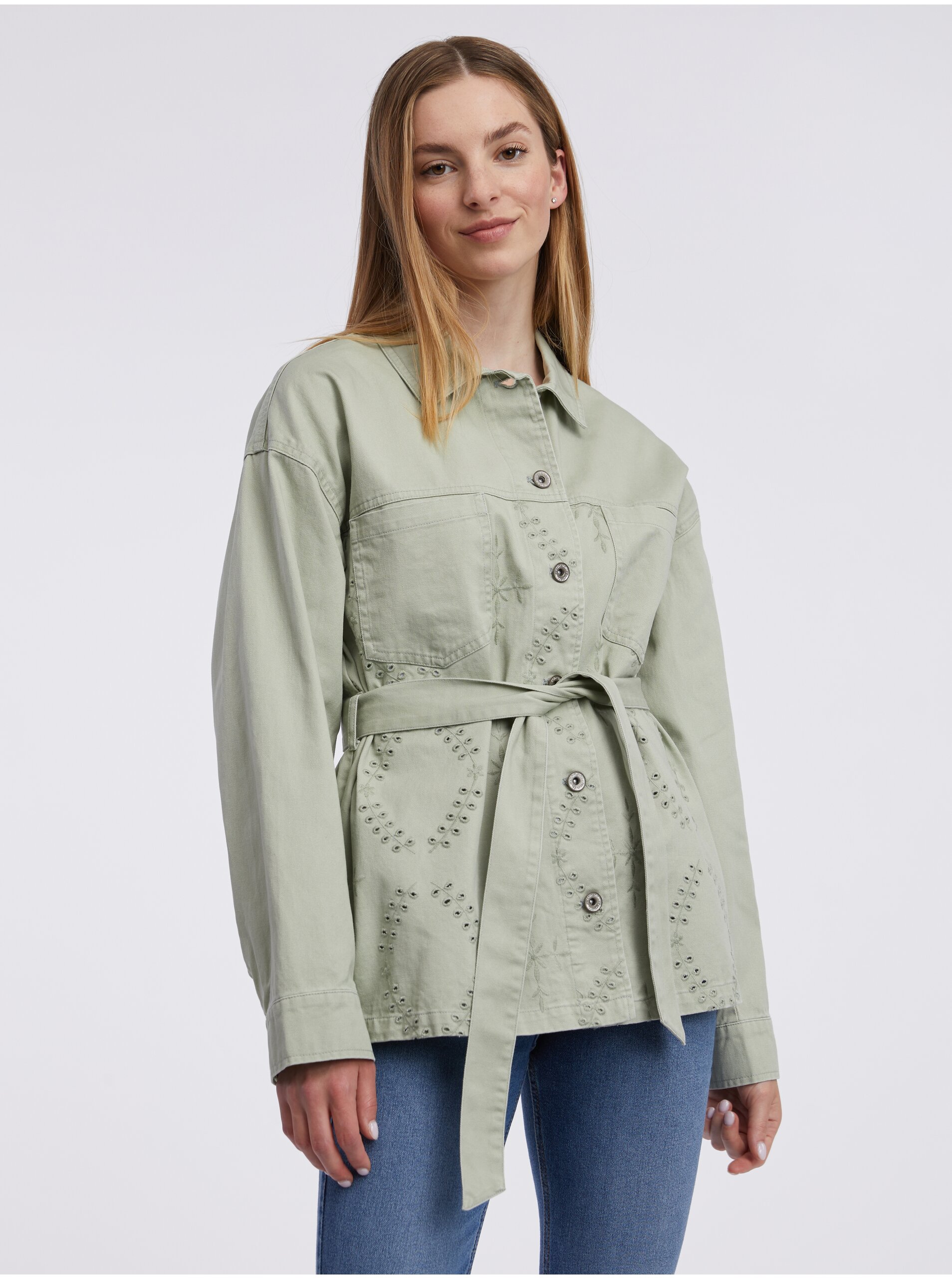 Levně Světle zelená dámská vzorovaná džínová bunda ORSAY