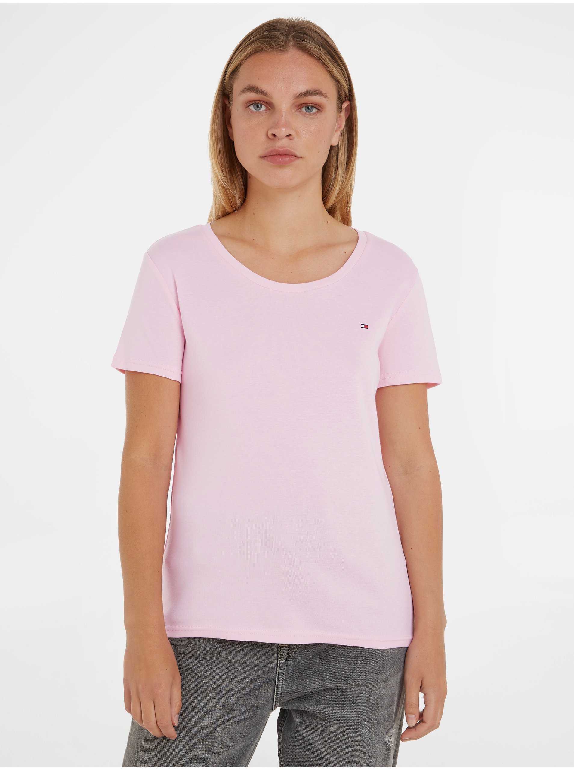 Levně Světle růžové dámské tričko Tommy Hilfiger