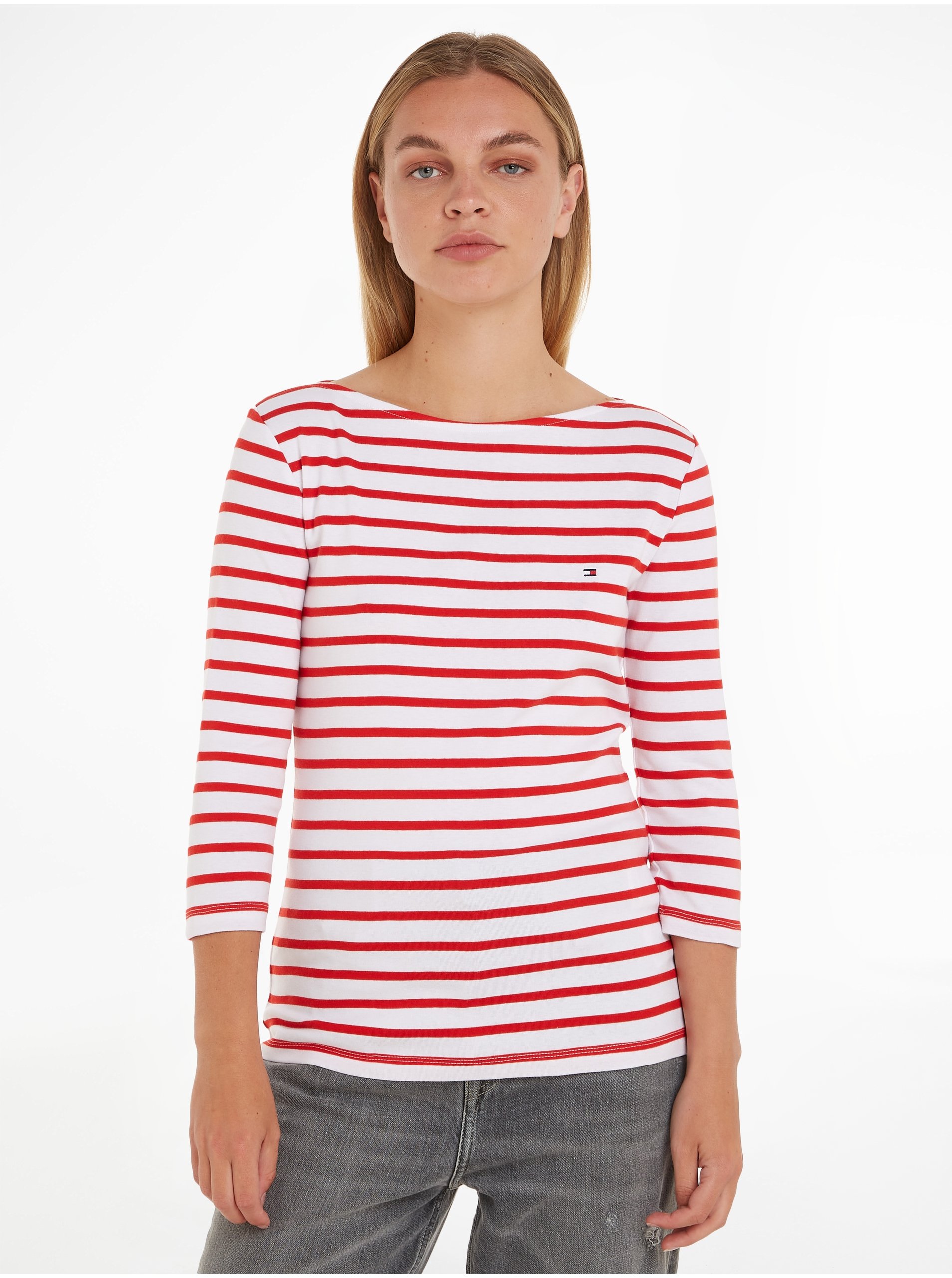 Levně Bílo-červené dámské pruhované tričko s dlouhým rukávem Tommy Hilfiger
