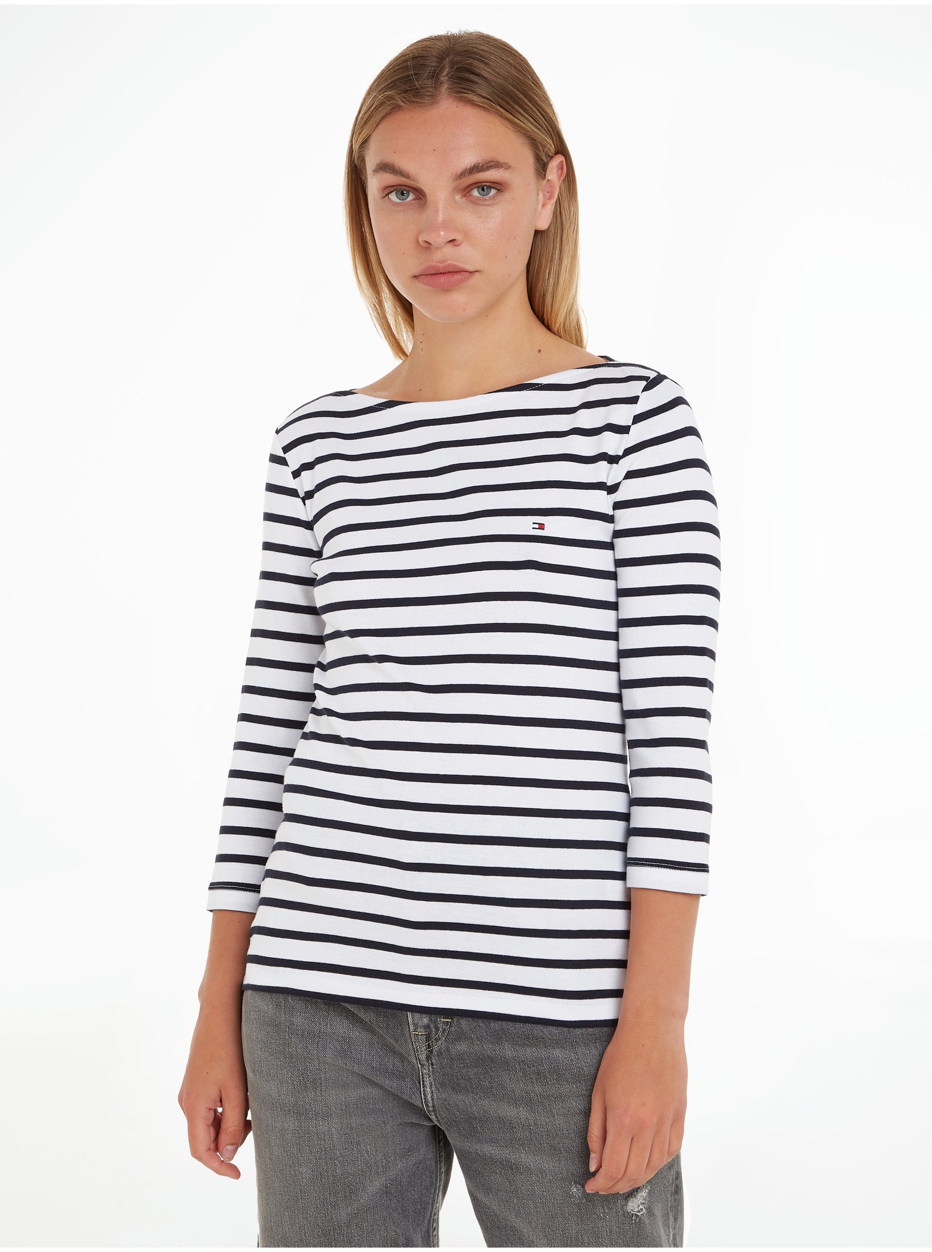 E-shop Modro-biele dámske pruhované tričko s dlhým rukávom Tommy Hilfiger