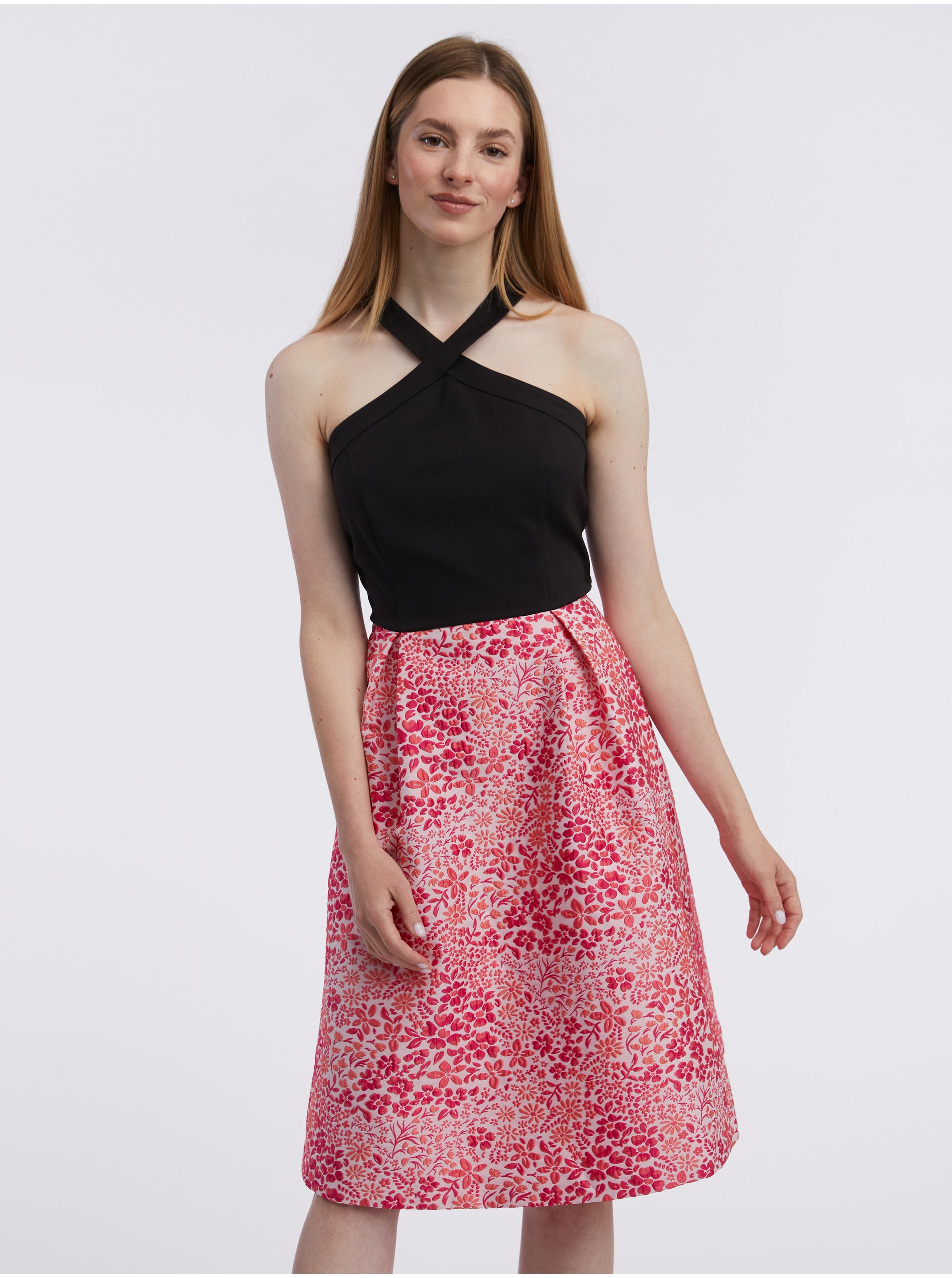 Levně Růžovo-černé dámské květované šaty ORSAY