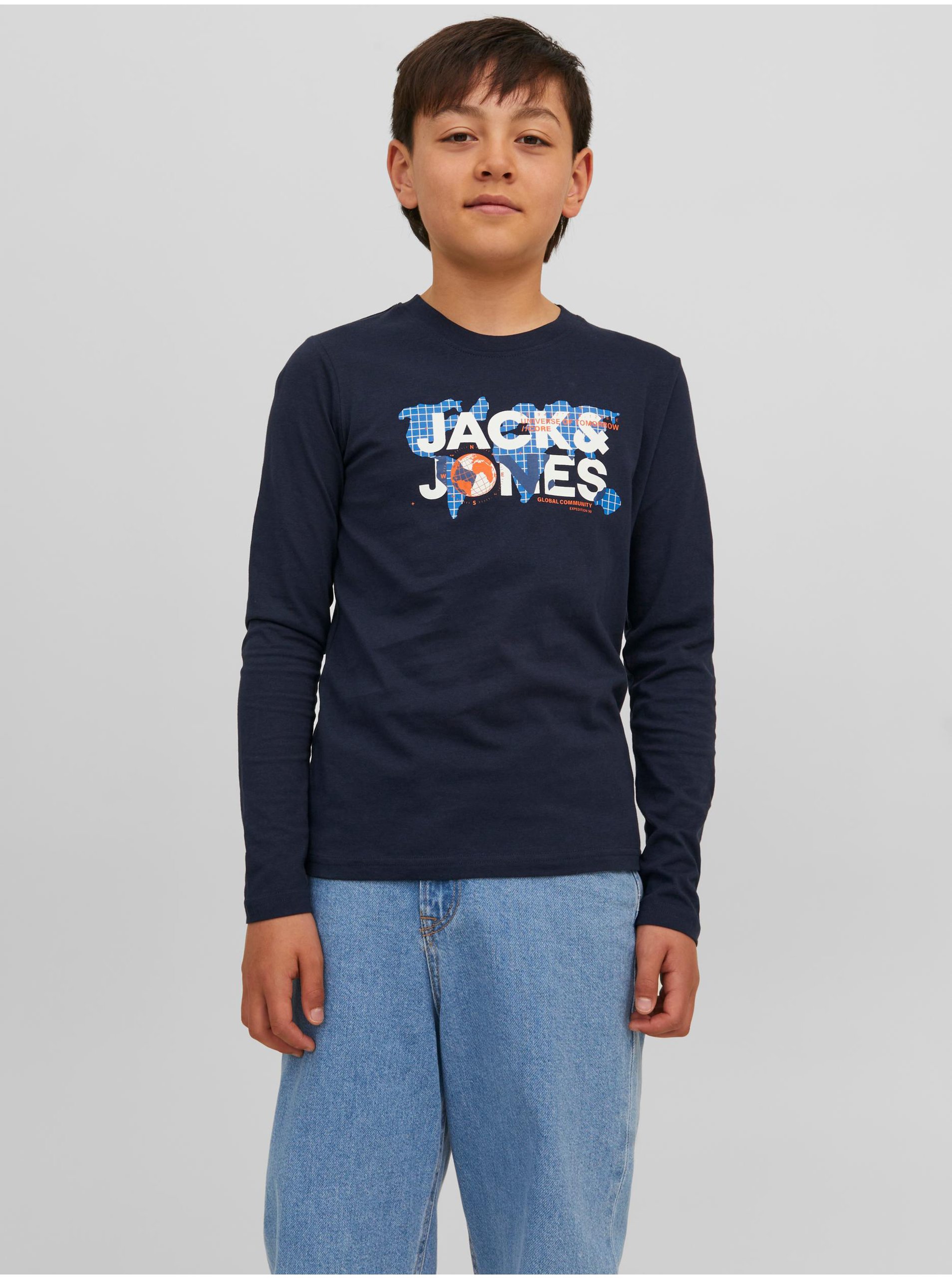 Lacno Tmavomodré chlapčenské tričko s dlhým rukávom Jack & Jones Dust