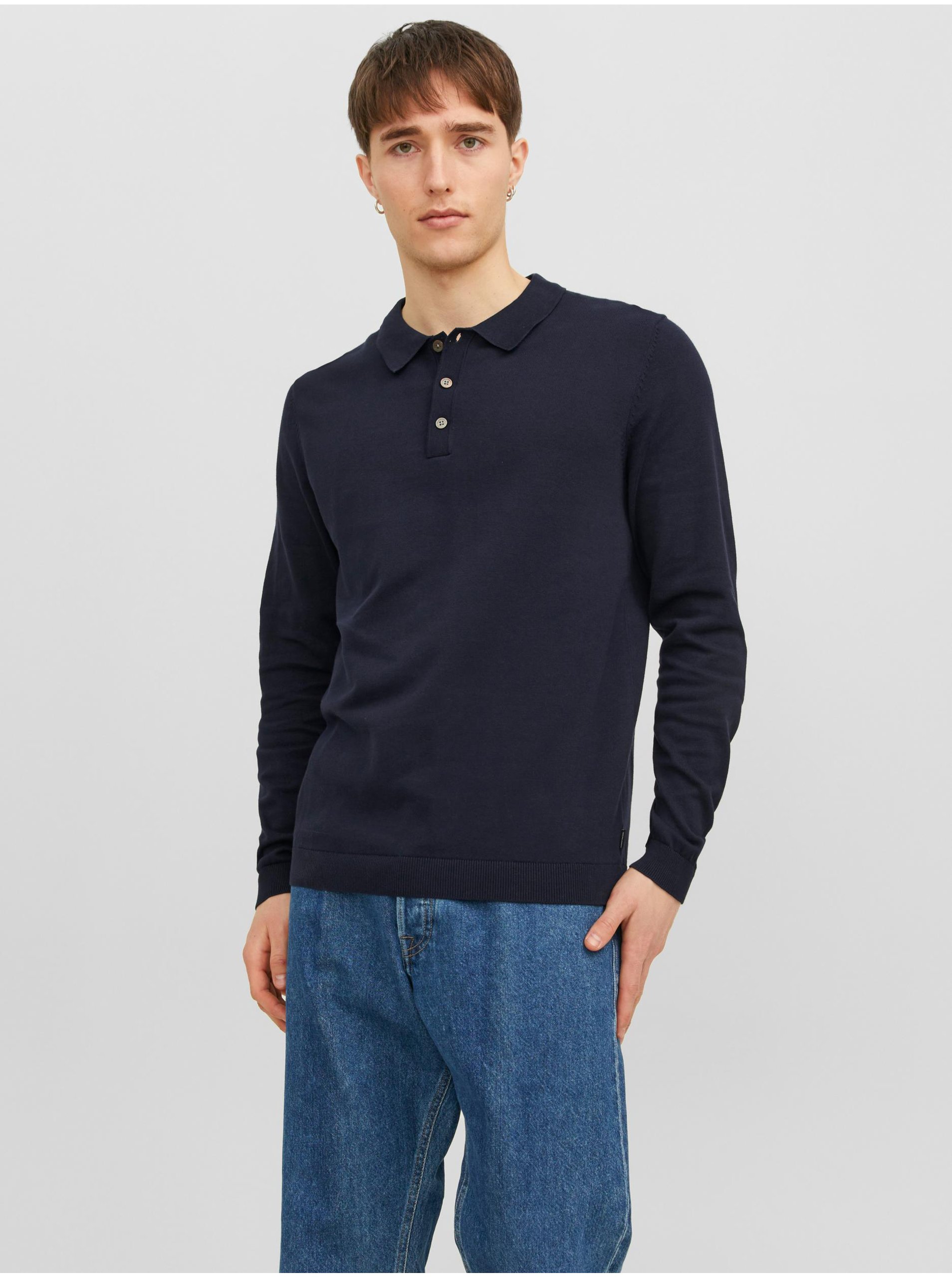 E-shop Tmavě modré pánské úpletové polo tričko s dlouhým rukávem Jack & Jones Blaigor