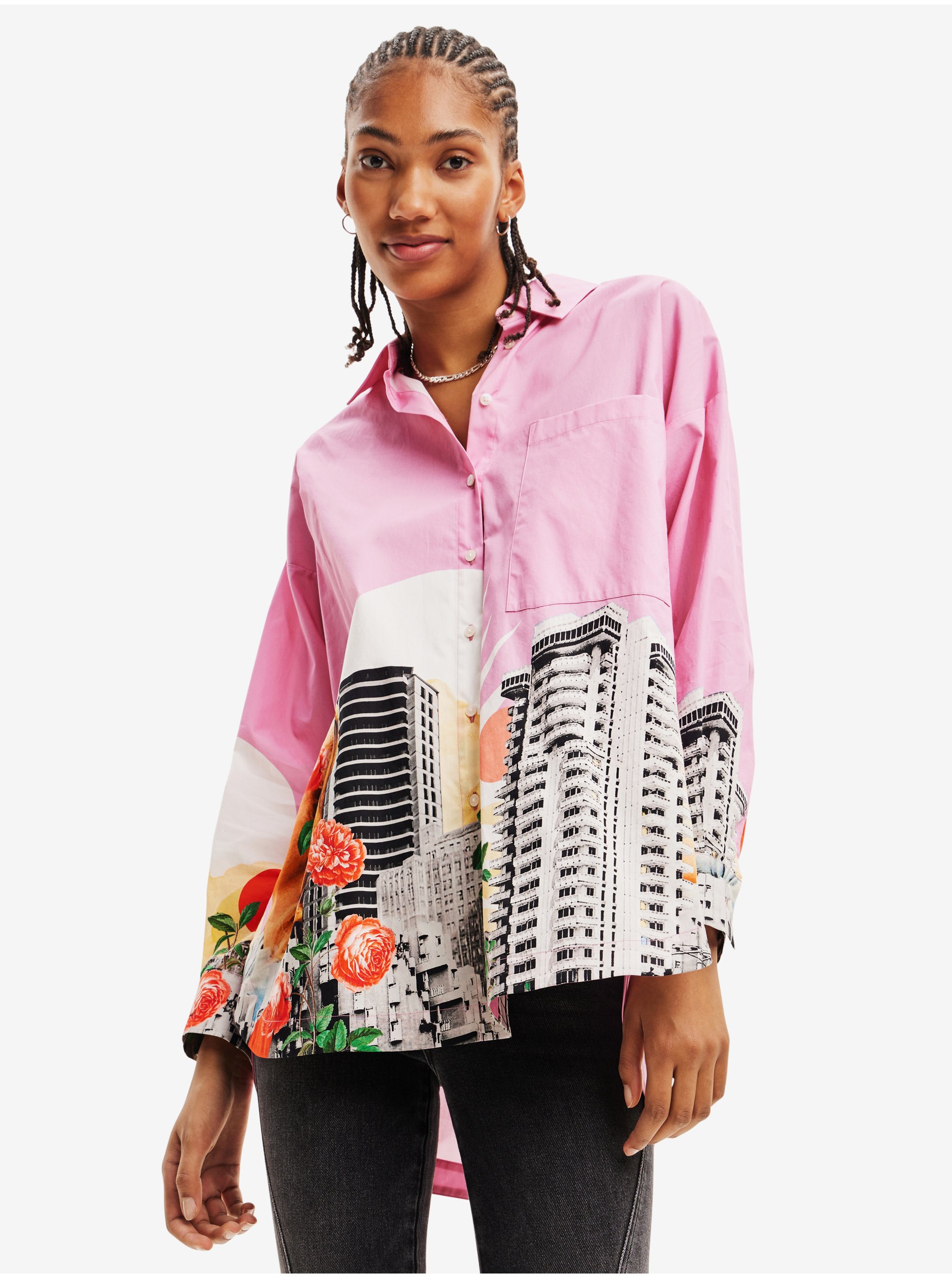 Lacno Ružová dámska vzorovaná košeľa Desigual Bolonia