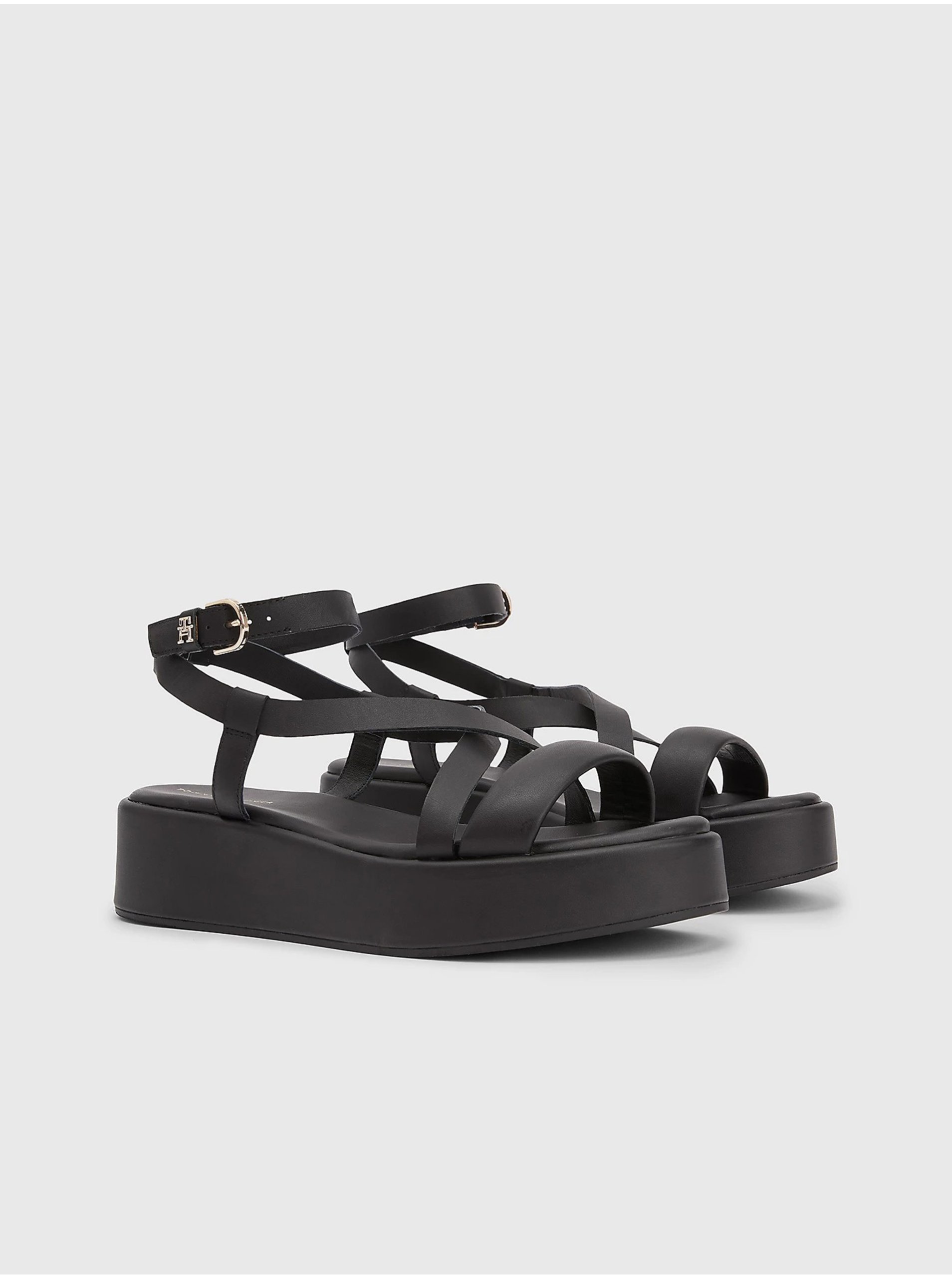Lacno Čierne dámske kožené sandále na platforme Tommy Hilfiger