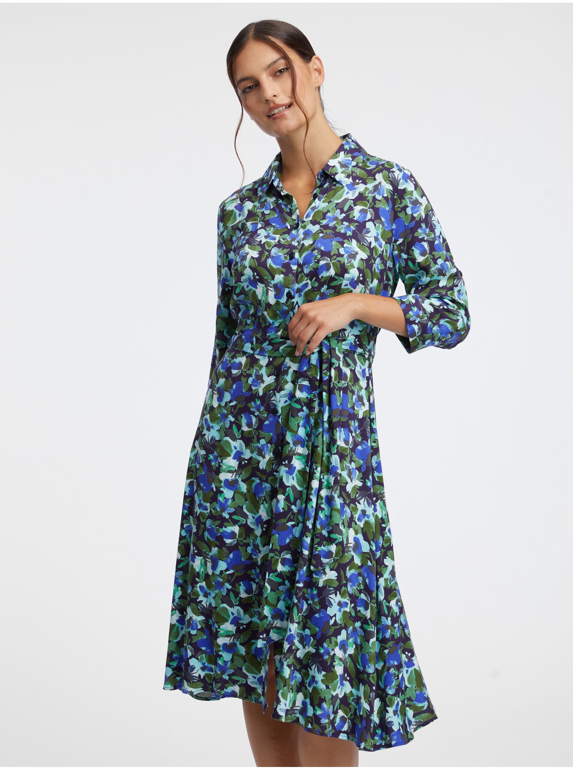 Lacno Zeleno-modré dámske kvetované košeľové šaty ORSAY
