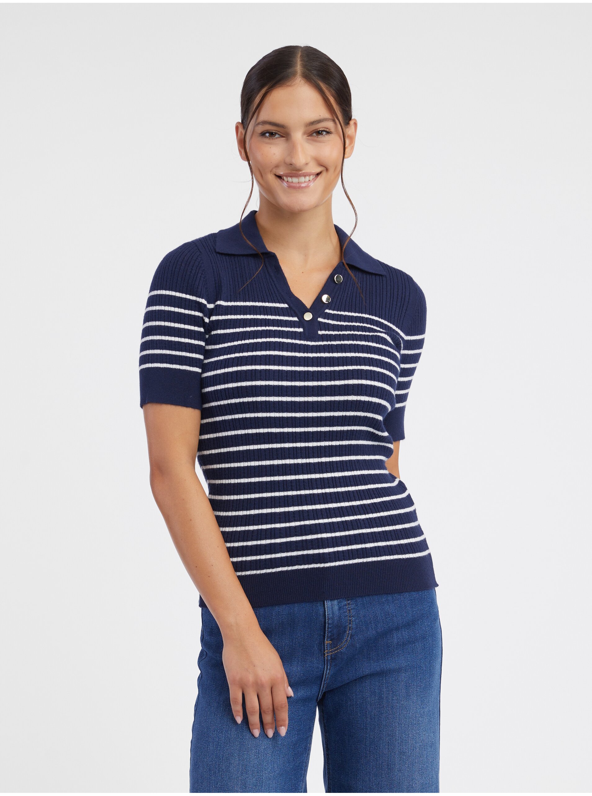 E-shop Tmavě modré dámské pruhované úpletové polo tričko ORSAY