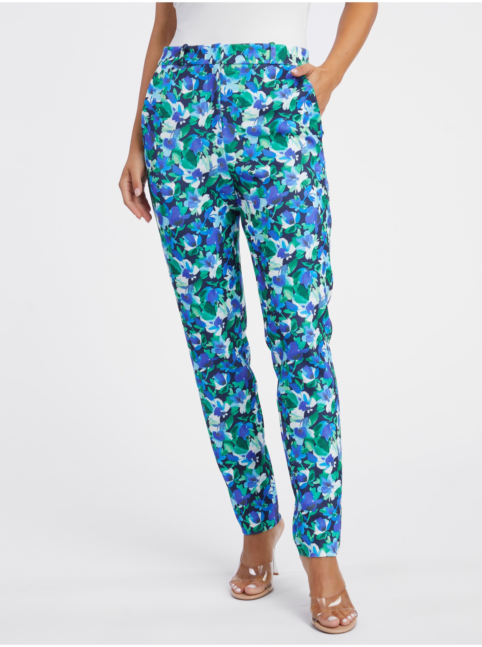 Lacno Zeleno-modré dámske kvetované nohavice ORSAY