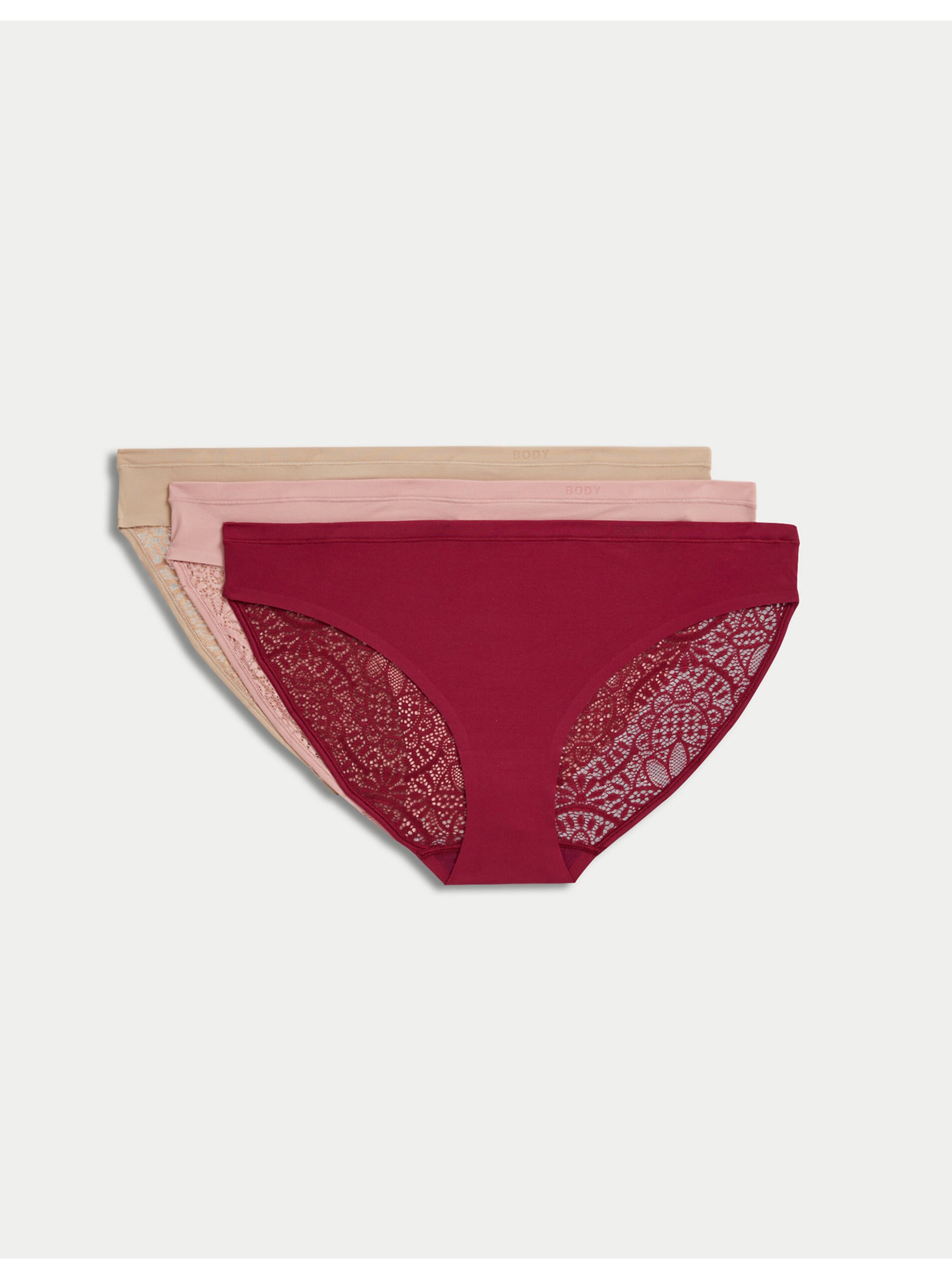 E-shop Sada tří dámských kalhotek v růžové, béžové a červené barvě Marks & Spencer