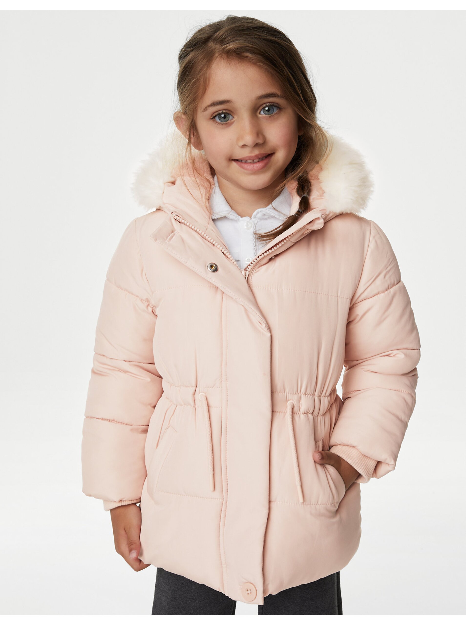 Lacno Svetloružová dievčenská zimná bunda s umelým kožúškom Marks & Spencer