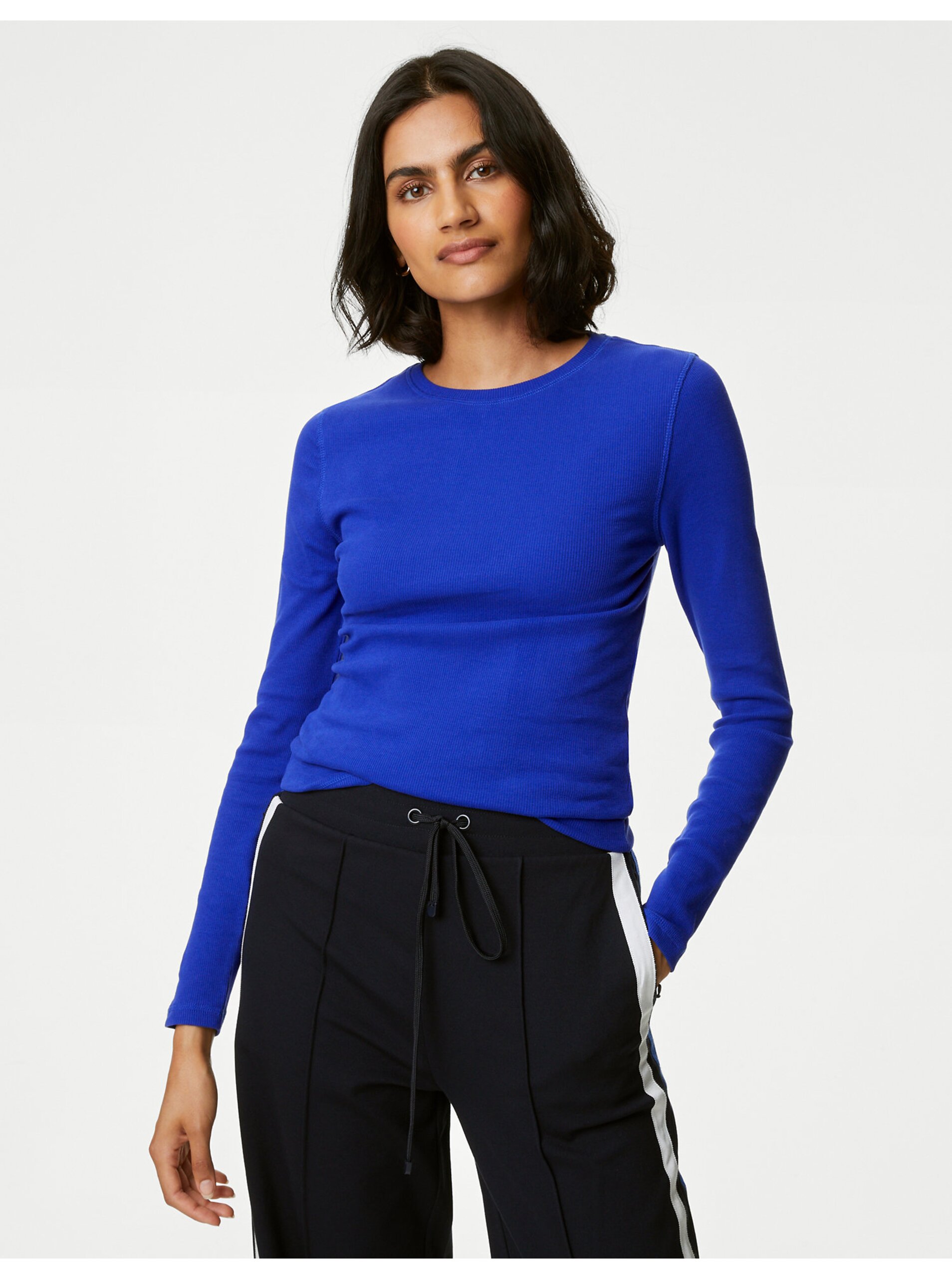 Levně Modré dámské basic tričko s dlouhým rukávem Marks & Spencer