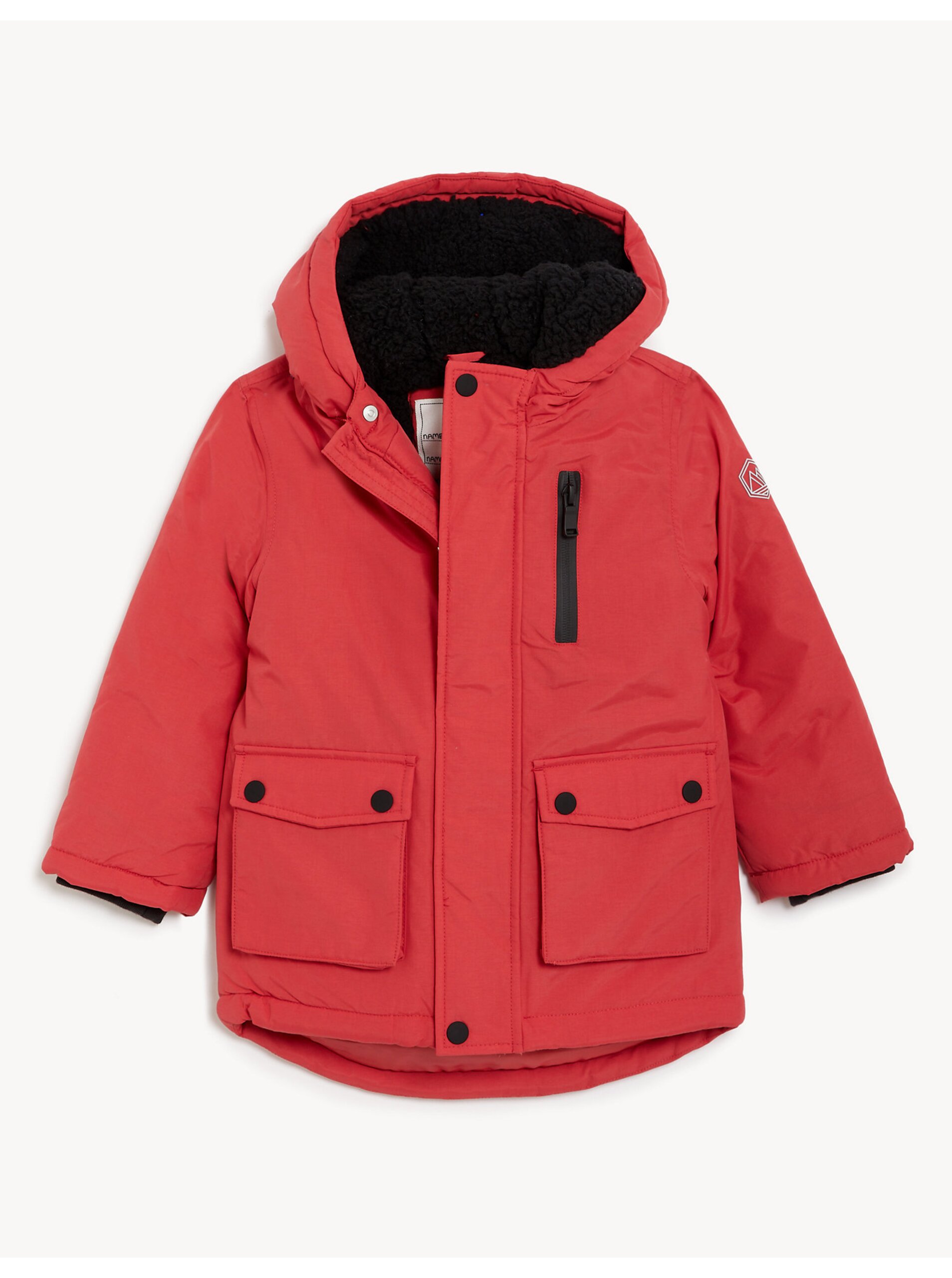 Lacno Červená chlapčenská zimná bunda s umelým kožúškom Marks & Spencer