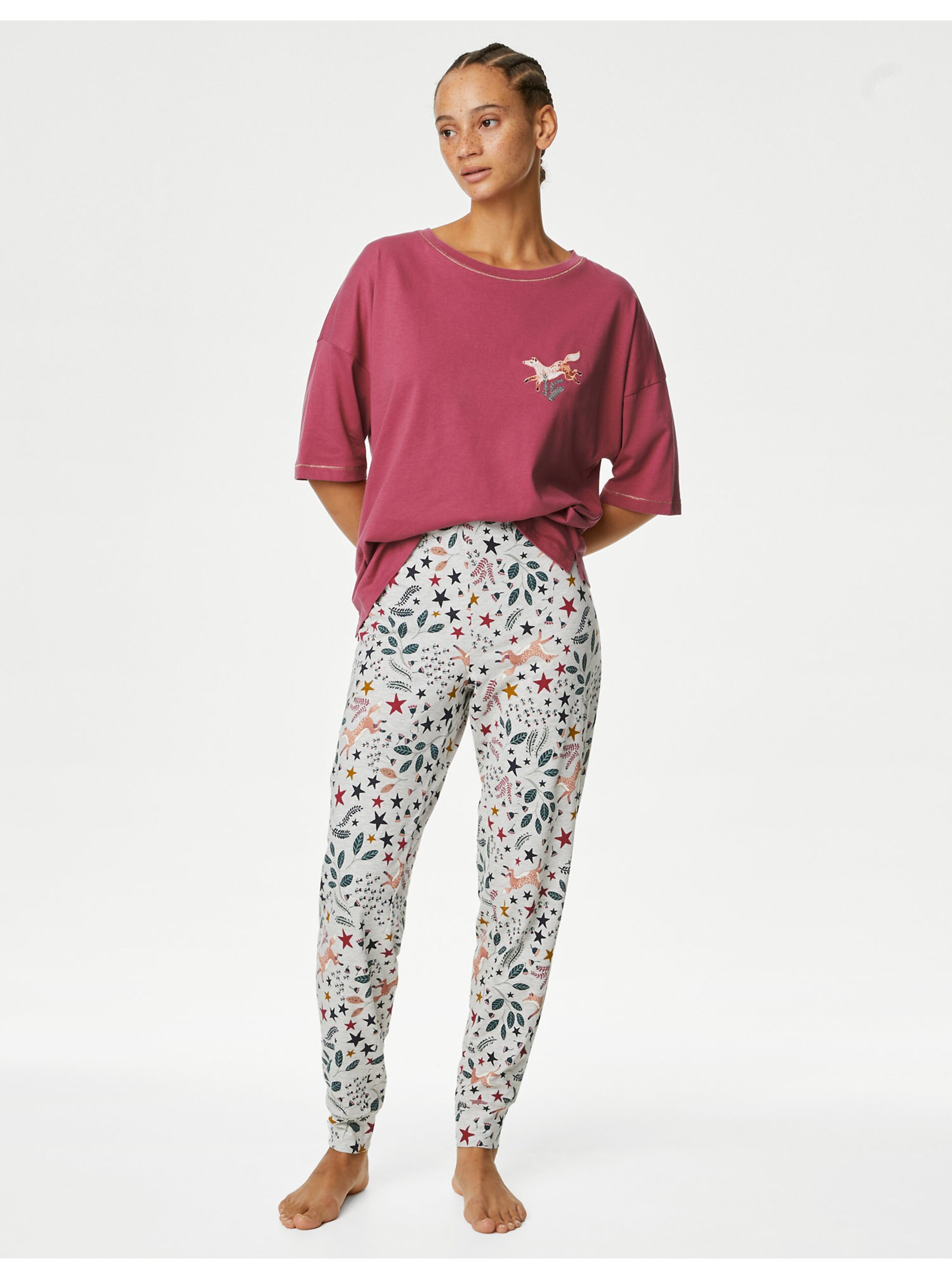 Levně Bílo-růžové dámské vzorované pyžamo Marks & Spencer