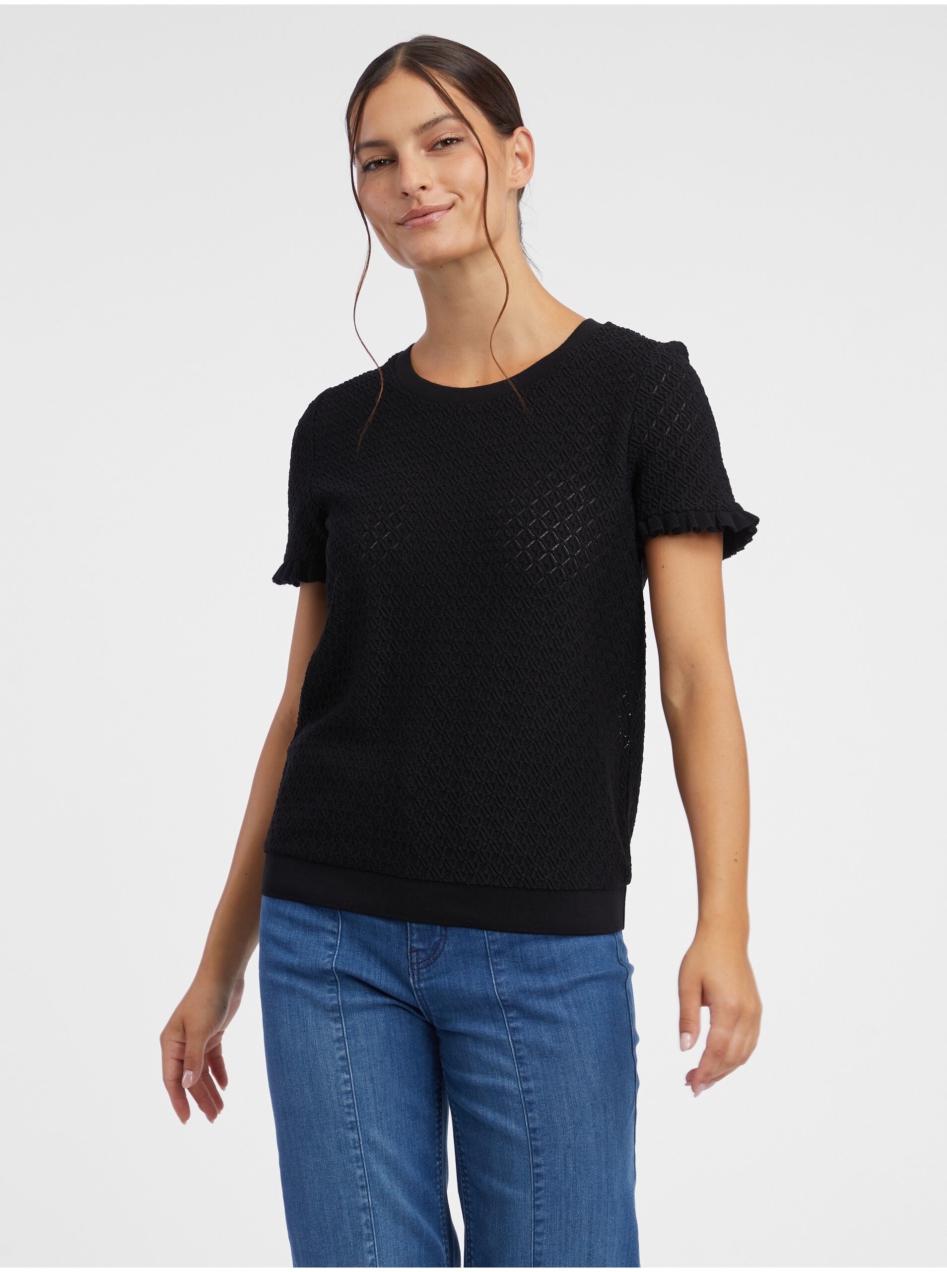 E-shop Černé dámské vzorované úpletové tričko ORSAY