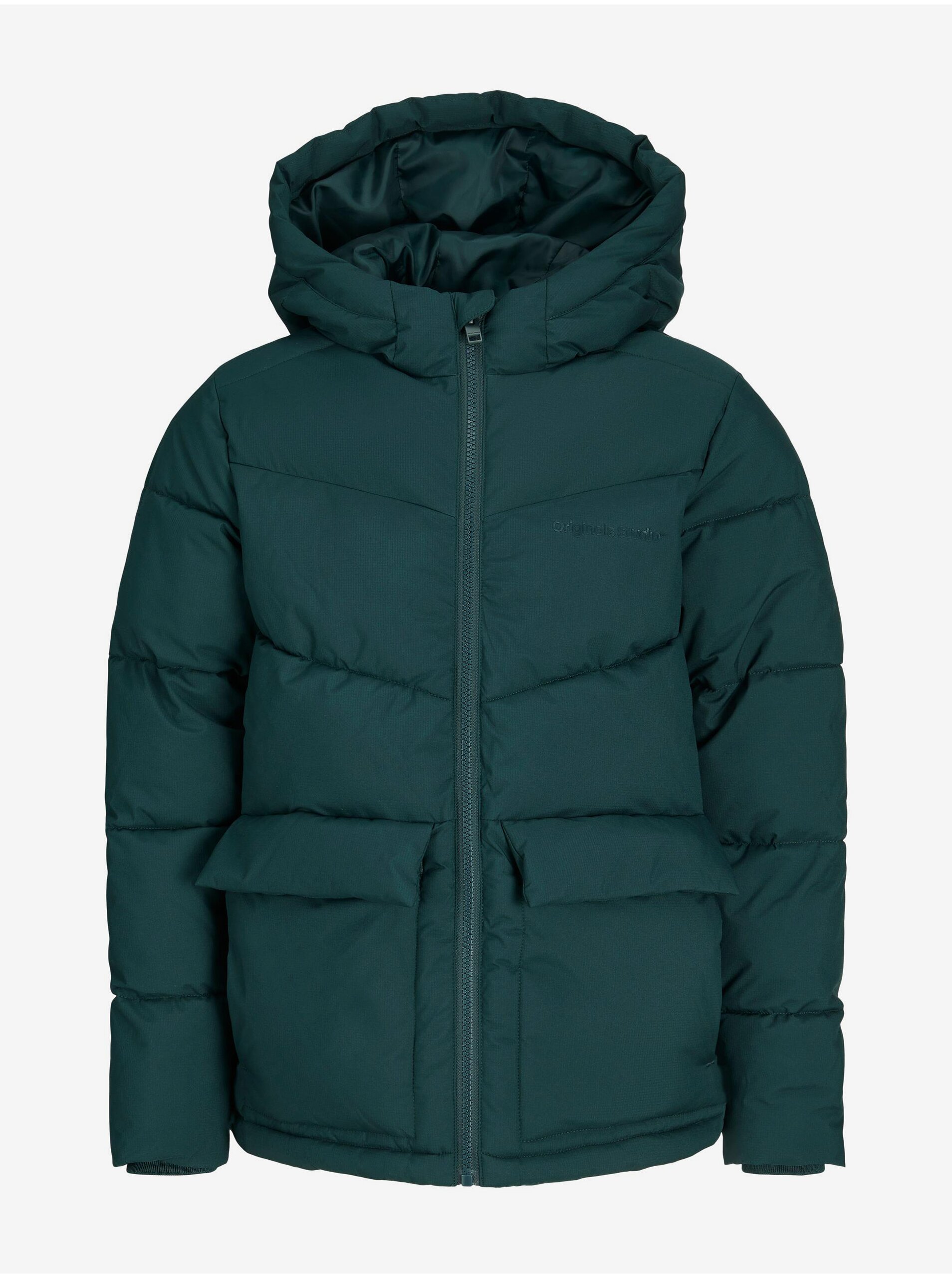 E-shop Tmavě zelená klučičí prošívaná zimní bunda Jack & Jones Sterbo