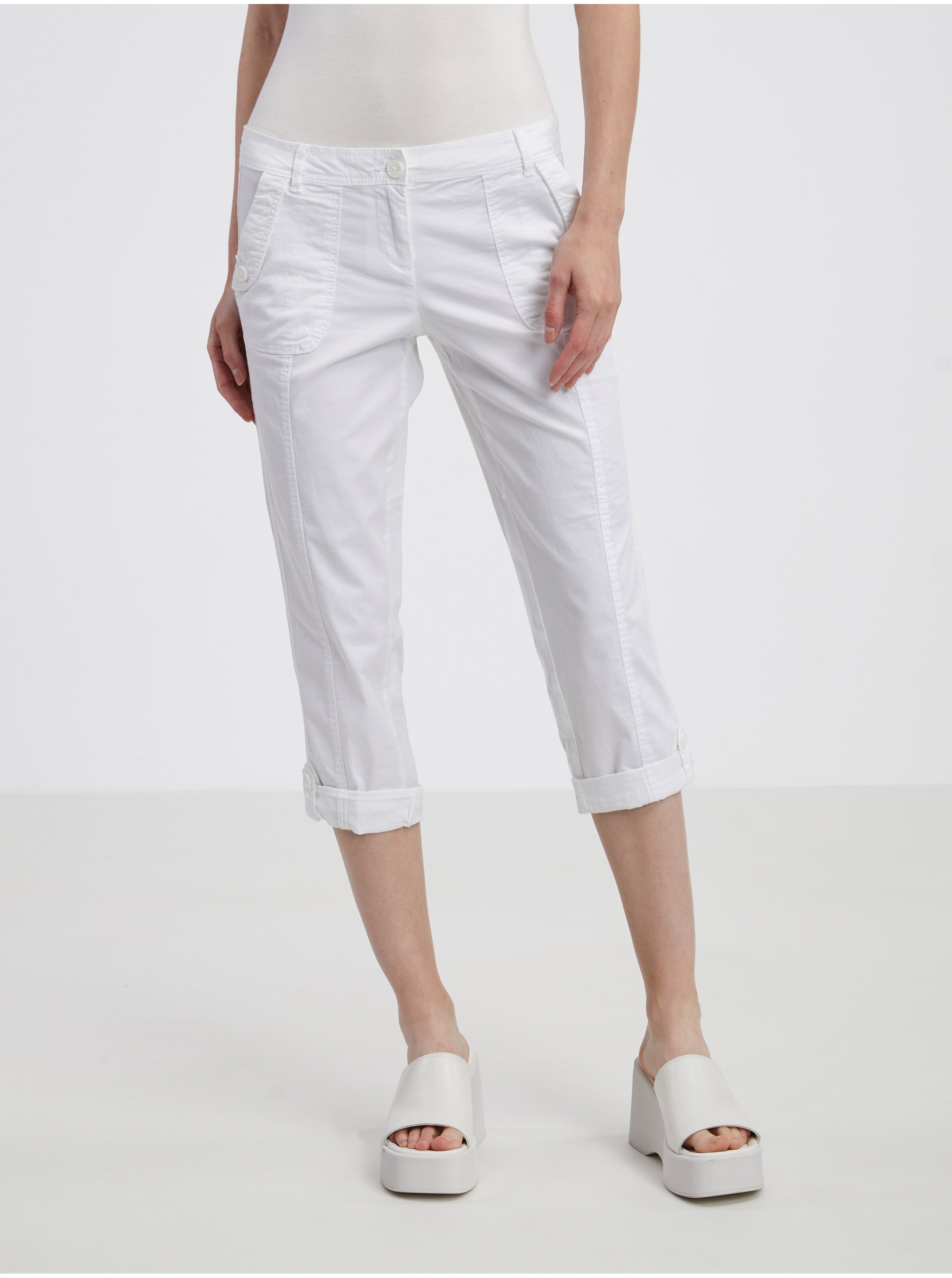 Levně Bílé dámské tříčtvrteční kalhoty CAMAIEU