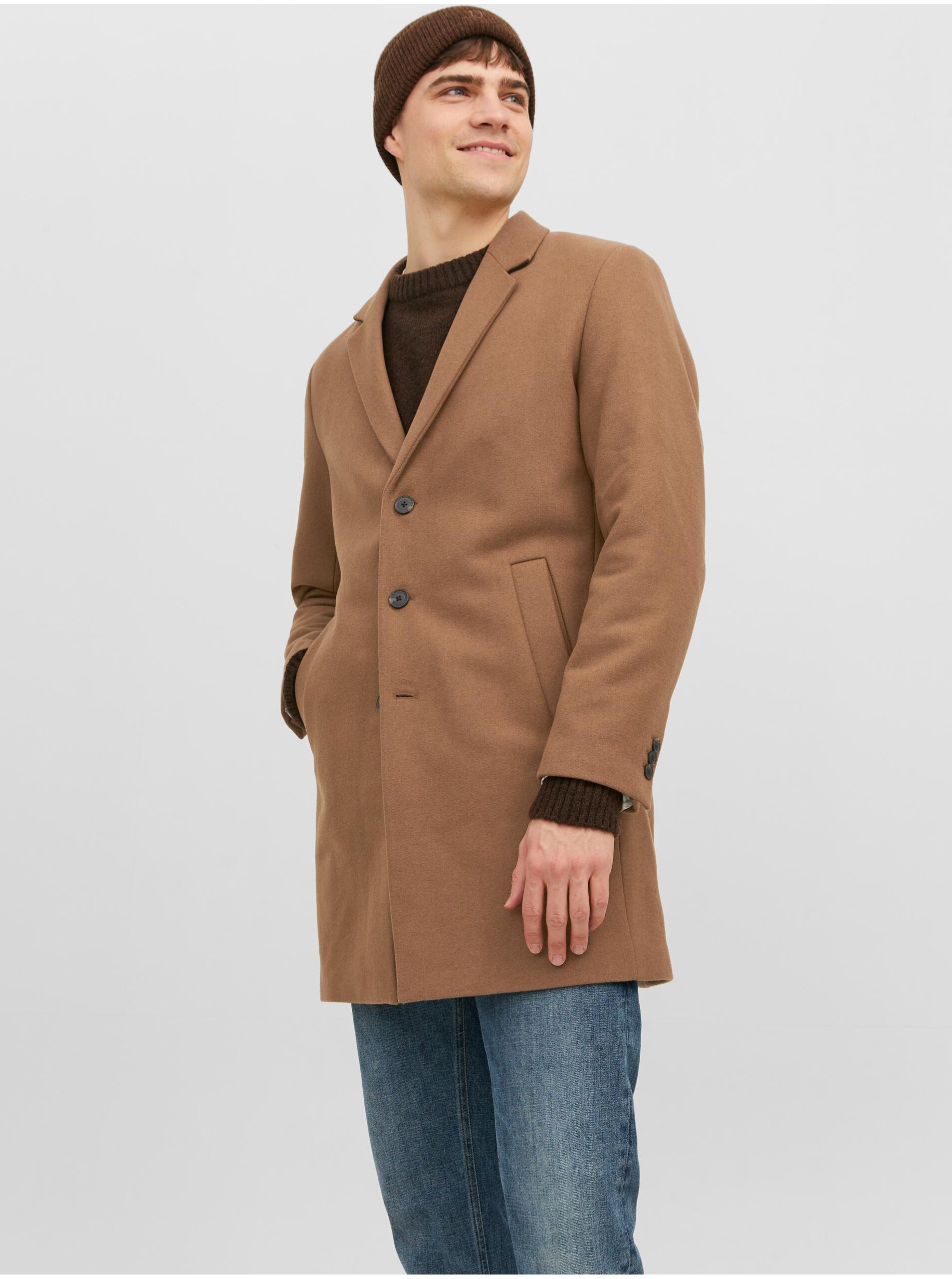 E-shop Hnědý pánský kabát s příměsí vlny Jack & Jones Morrison