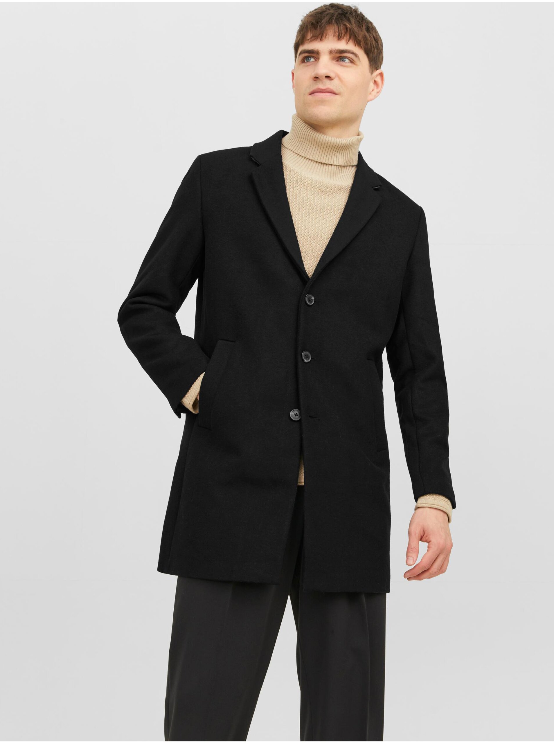 Levně Černý pánský kabát s příměsí vlny Jack & Jones Morrison