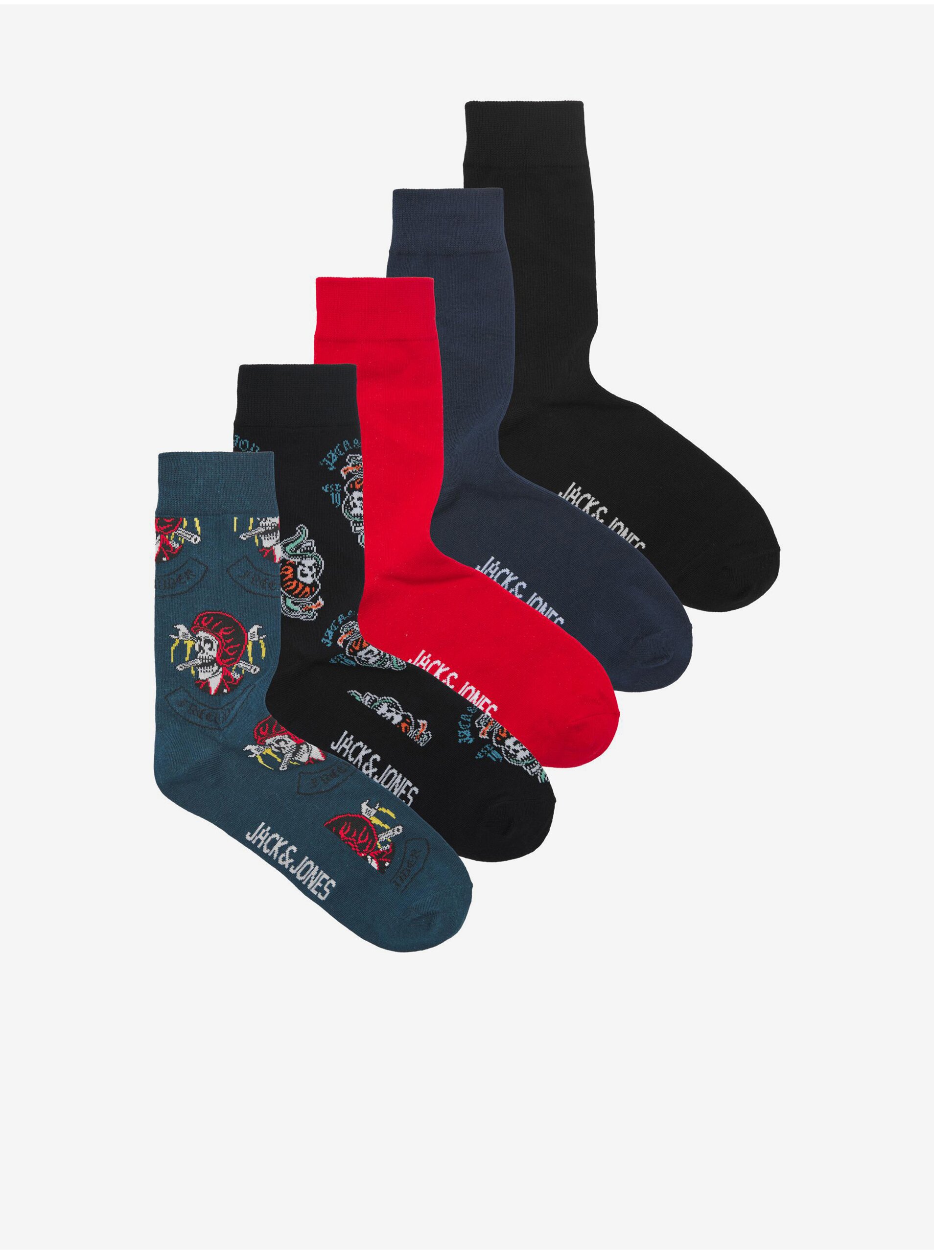 Lacno Súprava piatich párov pánskych ponožiek v čiernej, červenej a modrej farbe Jack & Jones Suboo